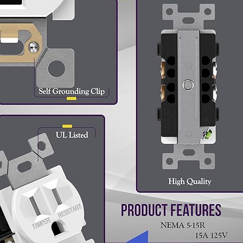 Miniatura 24 de ENERLITES Toma de corriente dúplex, tomas de pared eléctricas resistentes a manipulaciones, grado residencial, 3 cables, conexión a tierra, 2 polos