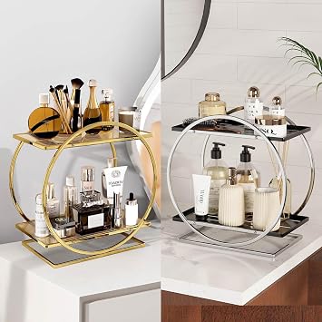 2 Pack Perfume Stand Organizer, 2 Tier Bathroom Counter Organizer Shelf, Gold Bathroom Organizer Countertop and Silver Black Makeup Organzier