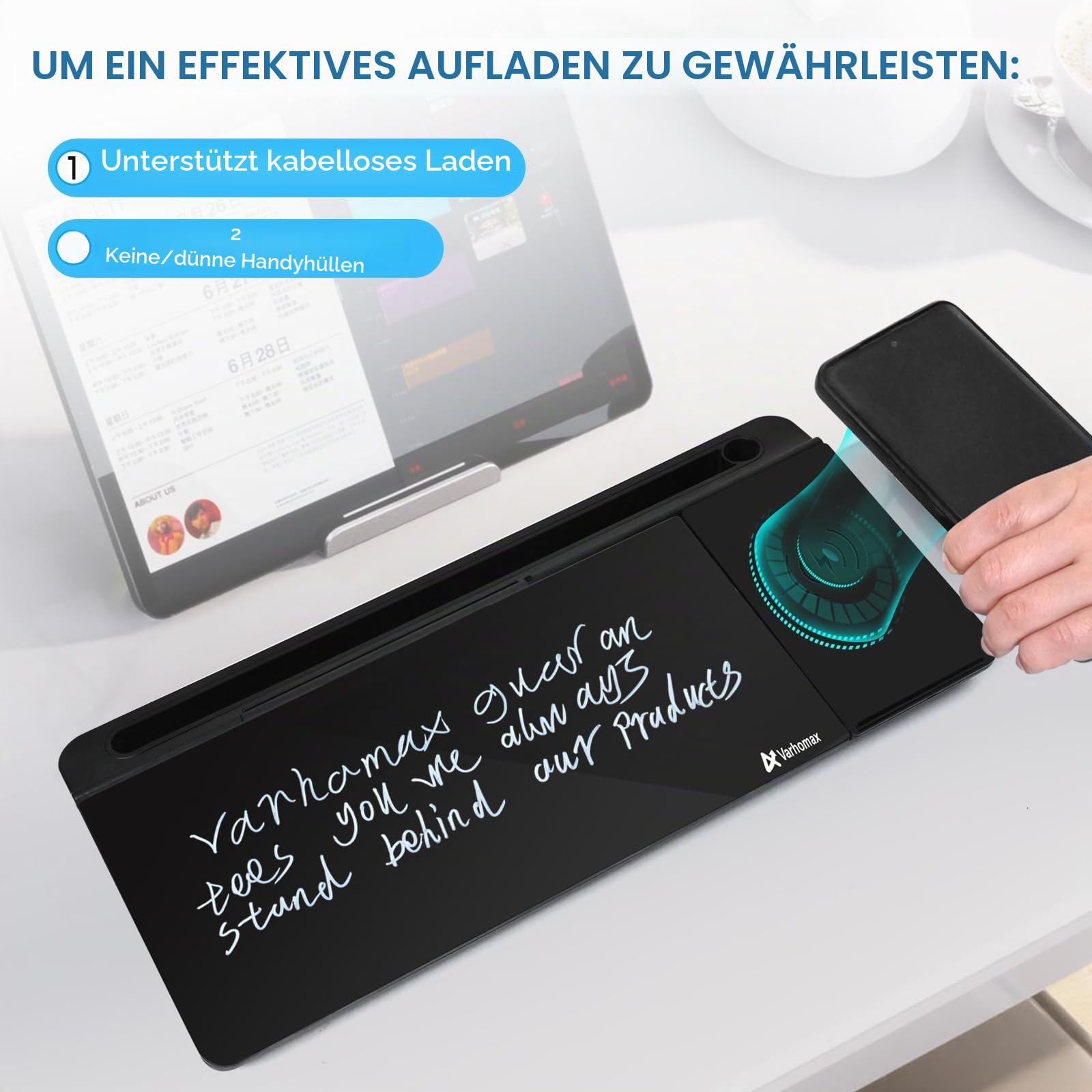 Varhomax Glas-Schreibtisch-Whiteboard mit kabellosem Ladegerät, trocken abwischbar, Whiteboard mit Aufbewahrung, To-Do-Liste, Notizblock für Zuhause und Büro, Schwarz