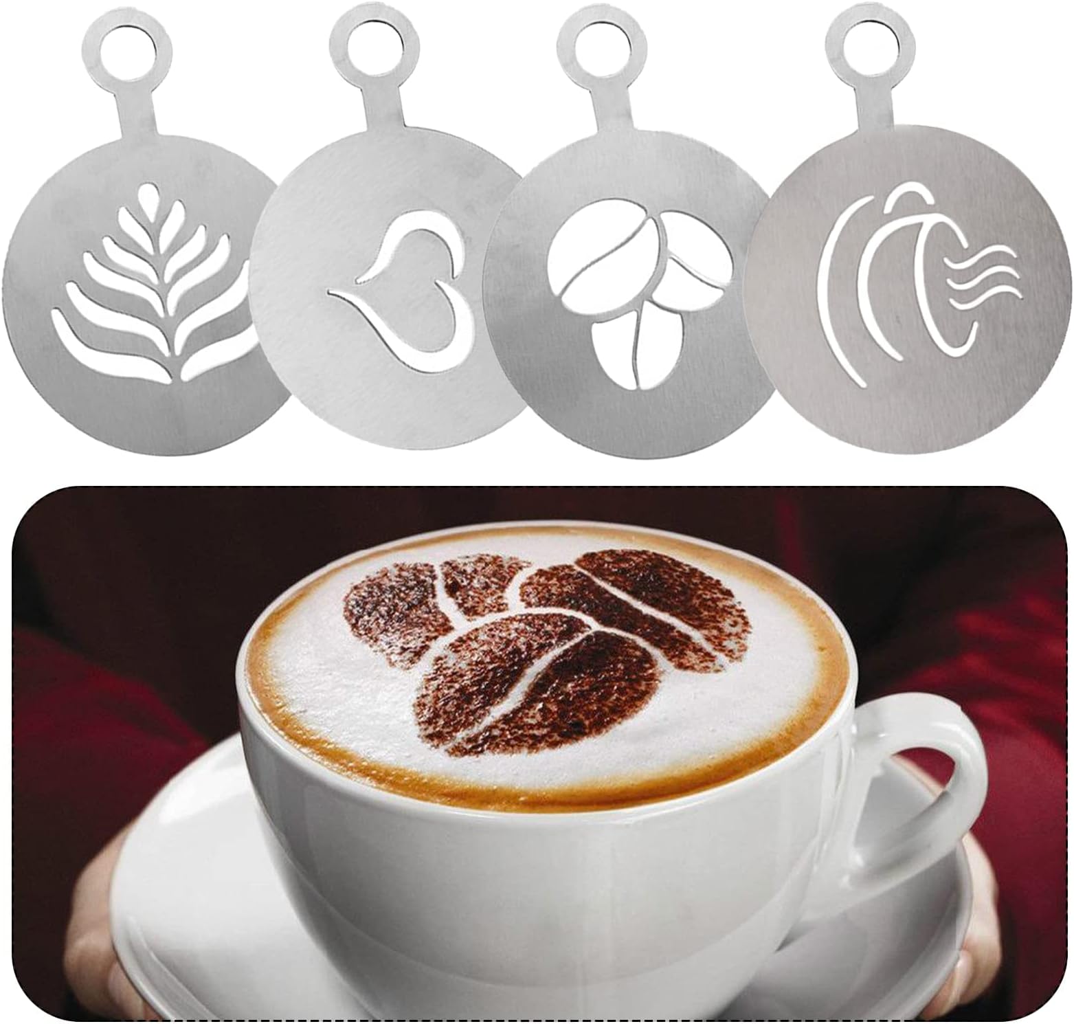 Bansusu 4 PCS Stainless Steel Coffee Stencils - Personalized Latte Art and Cake Decor with Barista-Grade Cappuccino Arts Templates, matel