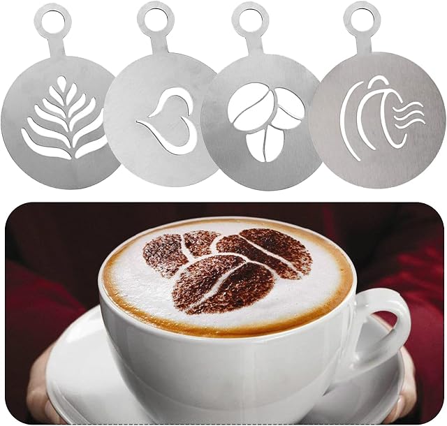 4 PCS Stainless Steel Coffee Stencils - Personalized Latte Art and Cake Decor with Barista-Grade Cappuccino Arts Templates