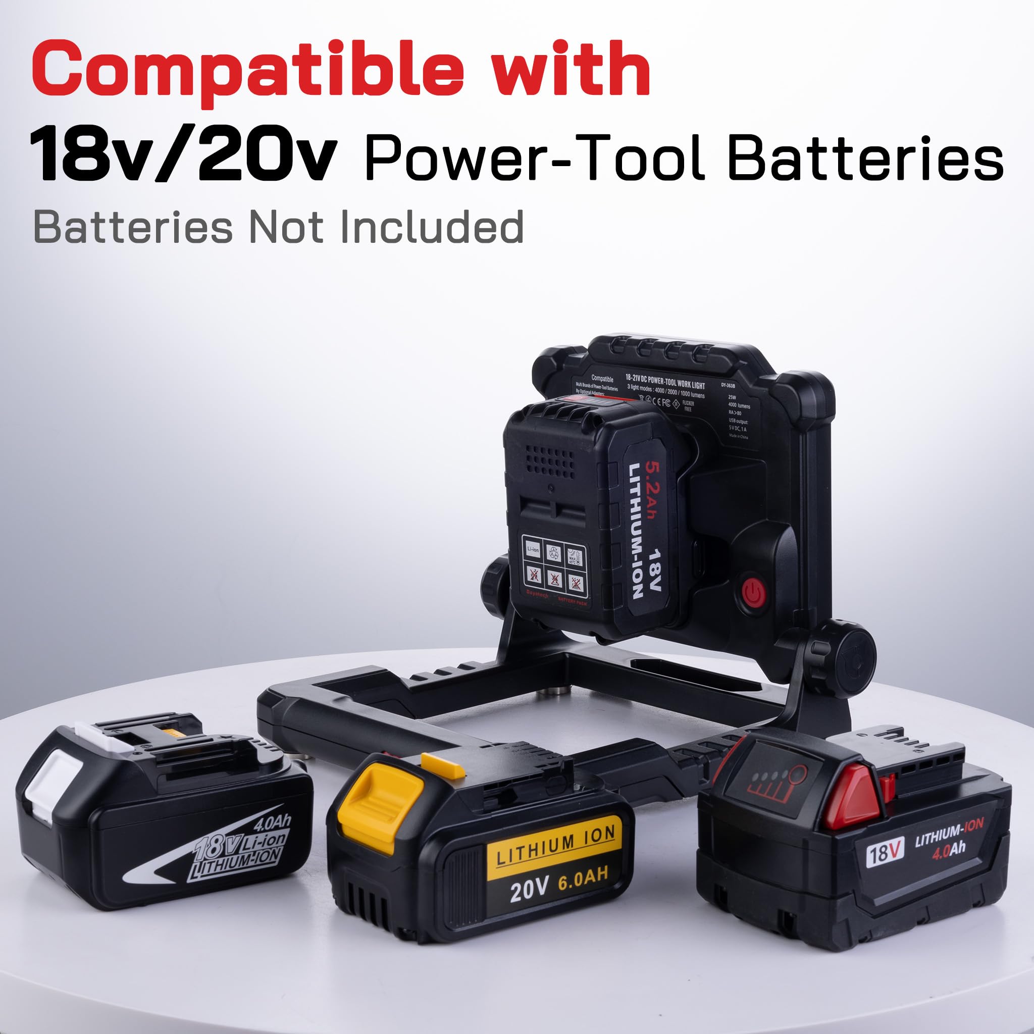 Luz de trabajo LED inalámbrica compatible con batería Dewalt y Milwaukee de 18-20 V, 4000 lm 25 W, sin parpadeo, brillo ajustable, base plegable con imanes (batería/cargador no incluido)