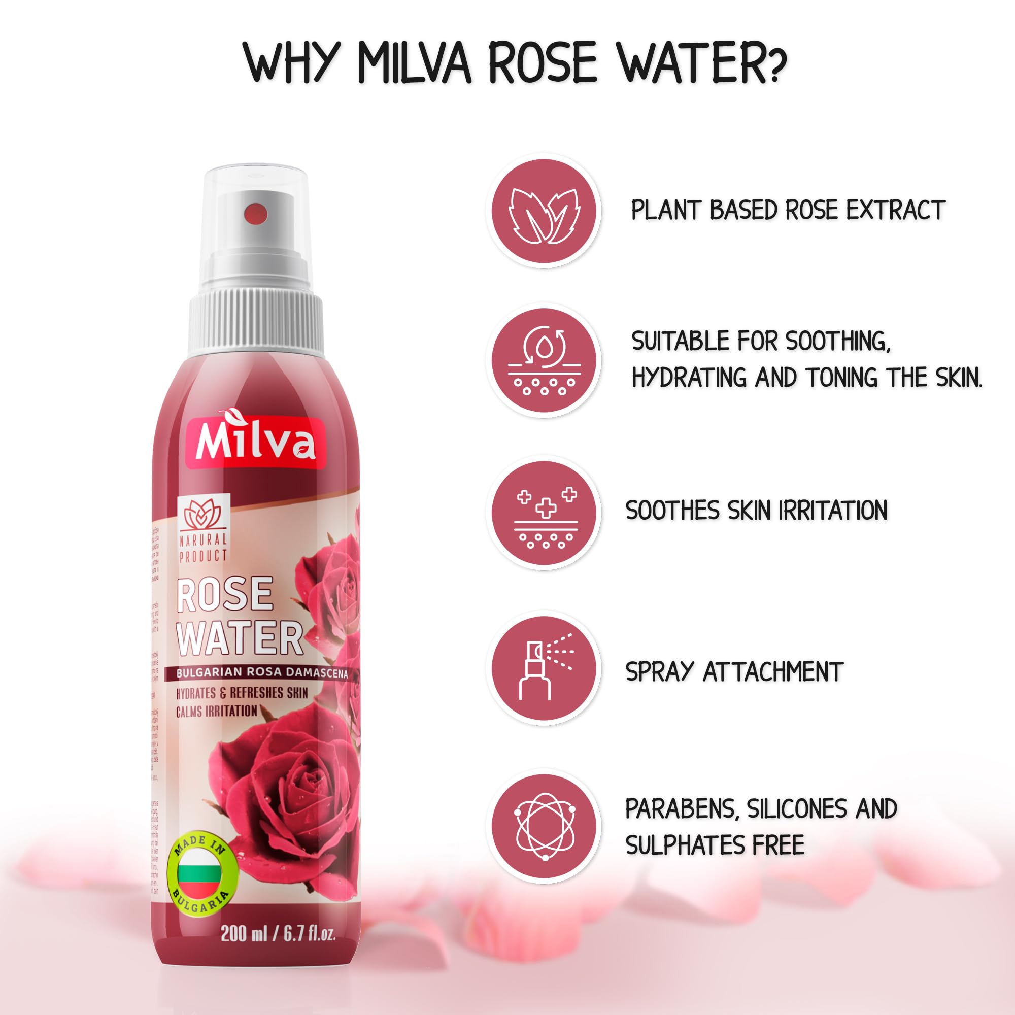 Milva Acqua di Rose Spray Idratante per Corpo e Viso, 200 ml – Tonico Spray Rinfrescante con Olio di Rosa Damascena Bulgara – Struccante Senza Alcol – Acqua di Rose Naturale anche per Capelli