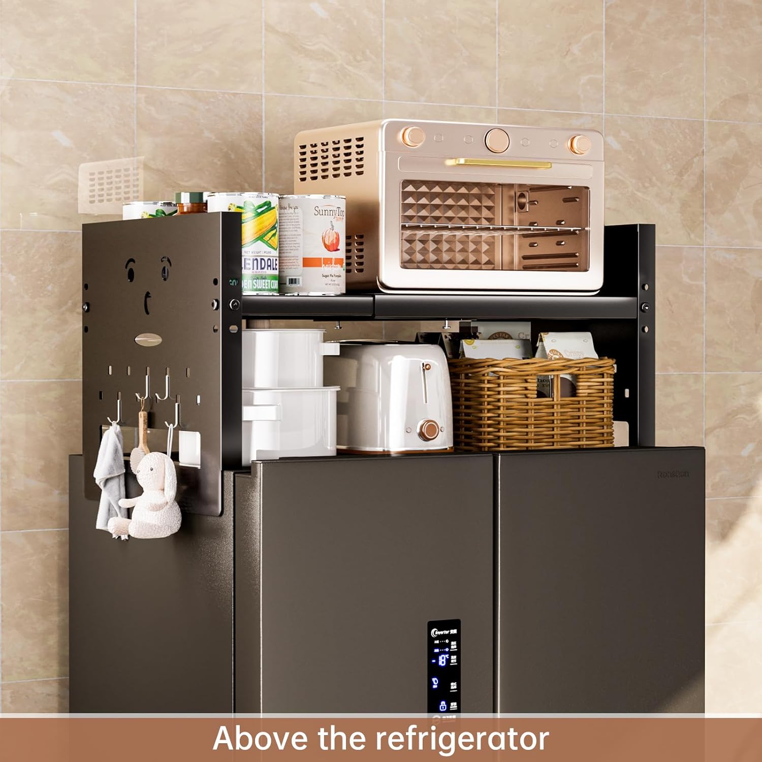 Adjustable Top Storage Shelf for Refrigerator or Washer, Dryer Countertop, Expandable Storage Shelves for Kitchen, Laundry Room and Dorm Room (Black)