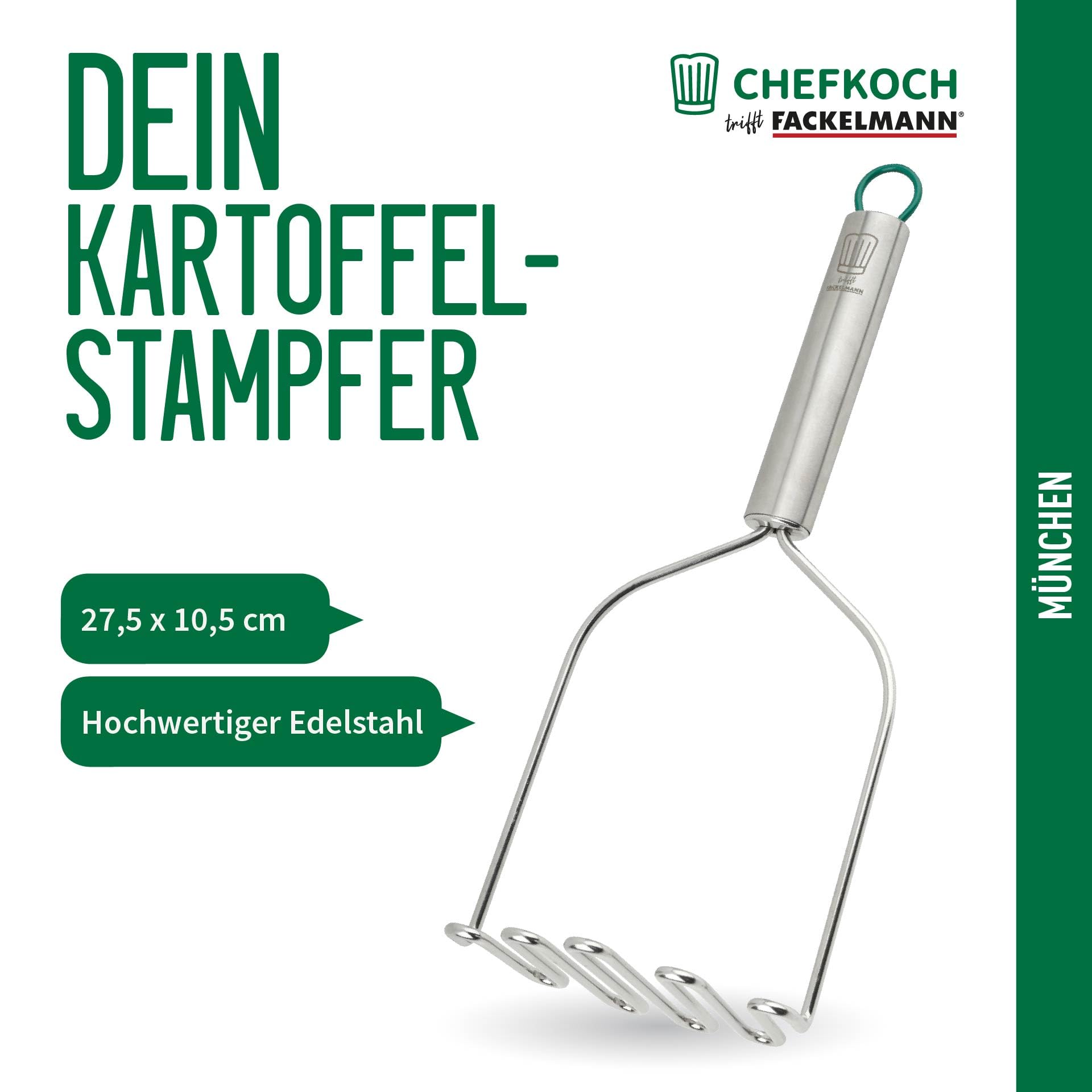 Chefkoch trifft Fackelmann - Premium Potato Masher Made of High-Quality Stainless Steel, Ergonomic Handle, Heat Resistant up to 230 °C, Dishwasher Safe