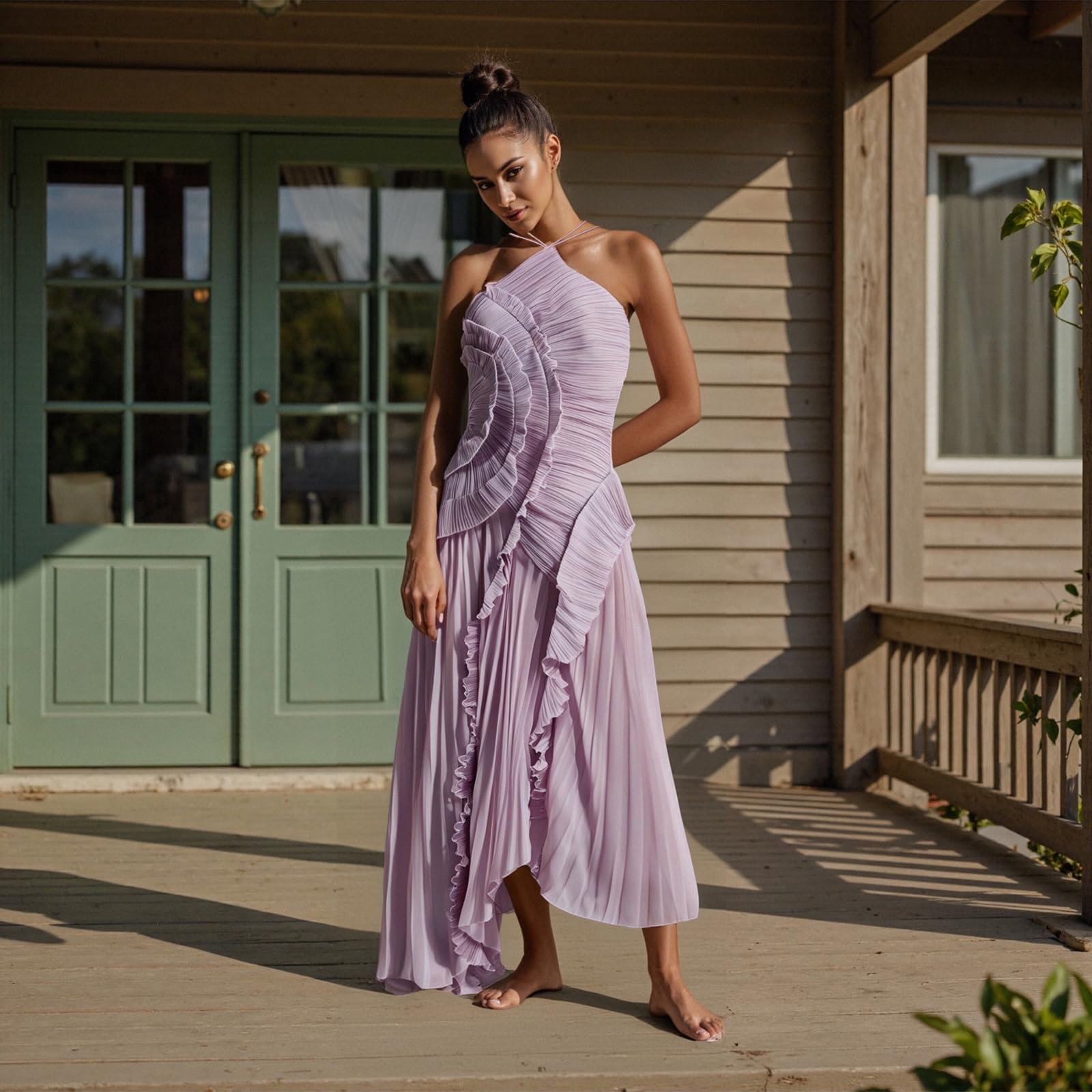 Vestido largo plisado con volantes para mujer, sin mangas, cuello halter, irregular, plisado, de gasa, para invitados de boda