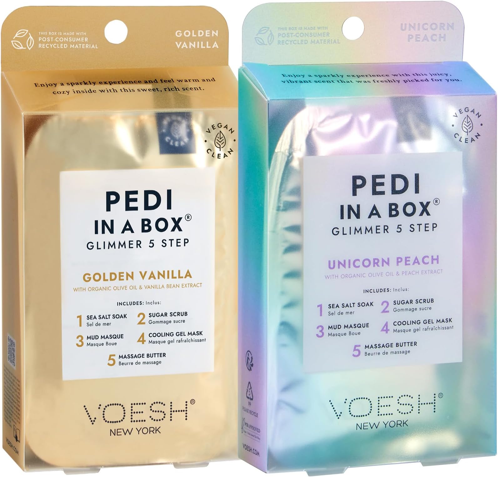 VOESH Pedi in a Box Glimmer - Assorted Duo, 2 Pack, Golden Vanilla Scent, Unicorn Peach Scent, Pedicure, Foot Care, At Home Spa, DIY Pedi, At Home Pedicure, Pedicure Products, Pedi In A Box, Vegan