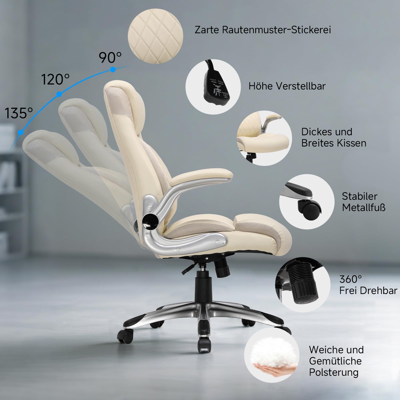 COMHOMA Bürostuhl Ergonomisch, Schreibtischstuhl mit klappbaren Armlehnenmit und Hoher Rückenlehne, Wippfunktion, Chefsessel, Kratzfeste Leder, 180KG, weiß