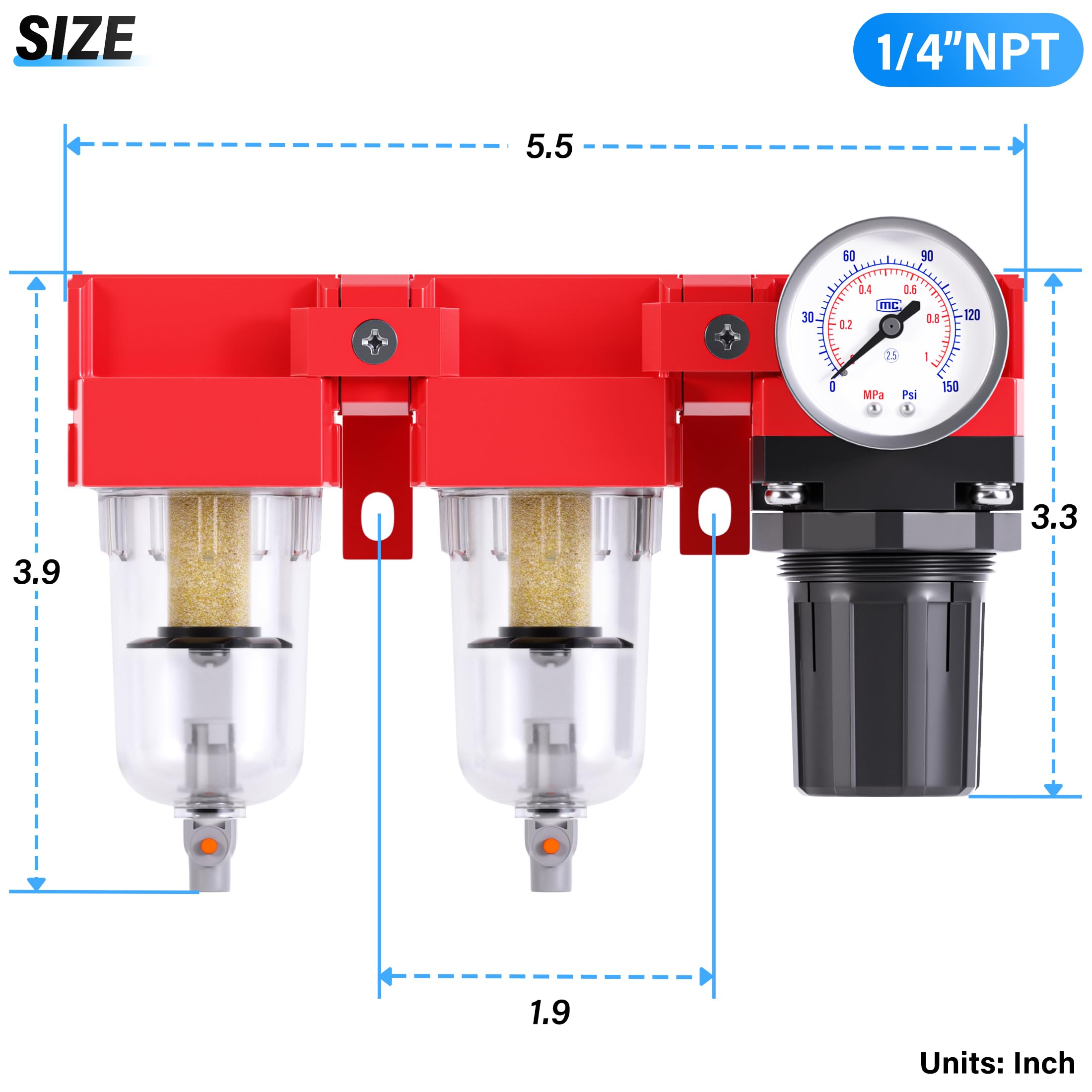 TAILONZ NEUMATIC 1/4 pollici NPT 150PSI 3 in 1 regolatore di pressione del filtro aria combinato Piggyback, filtro compressore utensili aria, elemento filtrante da 5 micron (scarico