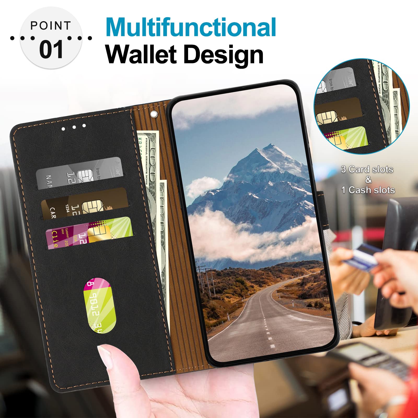 Brand Set Cover In Pelle Per OPPO Reno7 5G / Find X5 Lite 5G – Custodia Portafoglio Con Magnete E Supporto (Nero) - 2