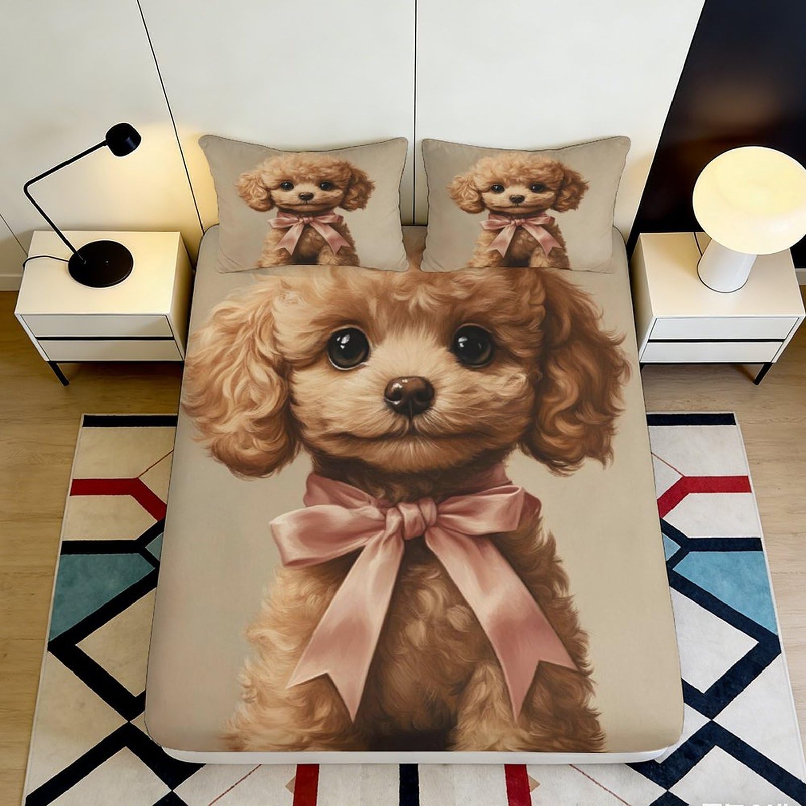 3D Printed Brown Poodle Dog Fitted Sheet Microfiber Soft Anti-Slip Cartoon Puppy Mattress Cover for Bedroom Guest Room Decor 90x200x25cm