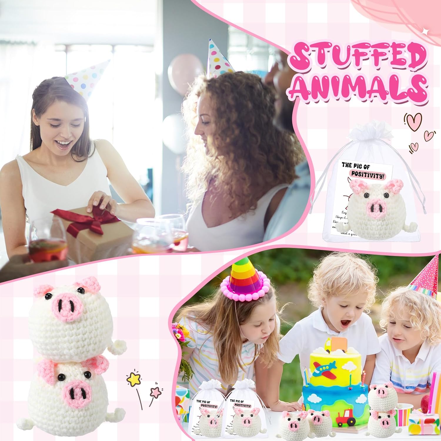 HyDren 12 Sets Emotional Crochet Animal Encouraging Handmade Crochet Gifts Collectible with Positive Card Organza Bag for Valentine Employee Coworker Volunteer (Pig)
