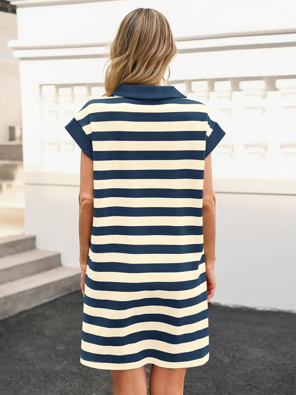 Wenrine Womens Striped Summer Mini Dress Casual Cap Sleeve Polo V Neck T Shirt Dresses with Pockets - Image 4