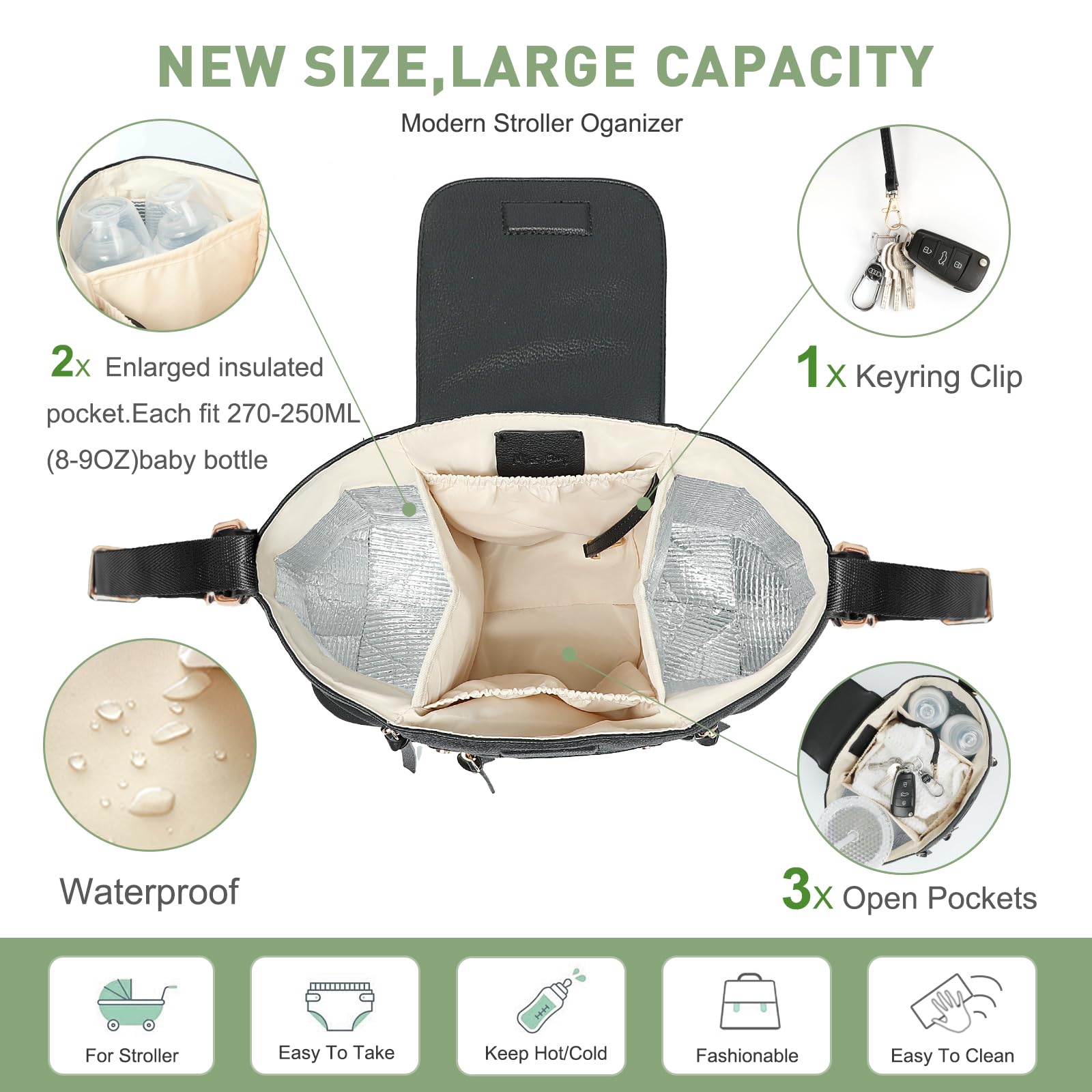miss fong Kinderwagen-Organizer mit isoliertem Getränkehalter, Zubehörtasche, Kinderwagen-Caddy mit verstellbarem Riemen, passend für alle Kinderwagen (schwarz)