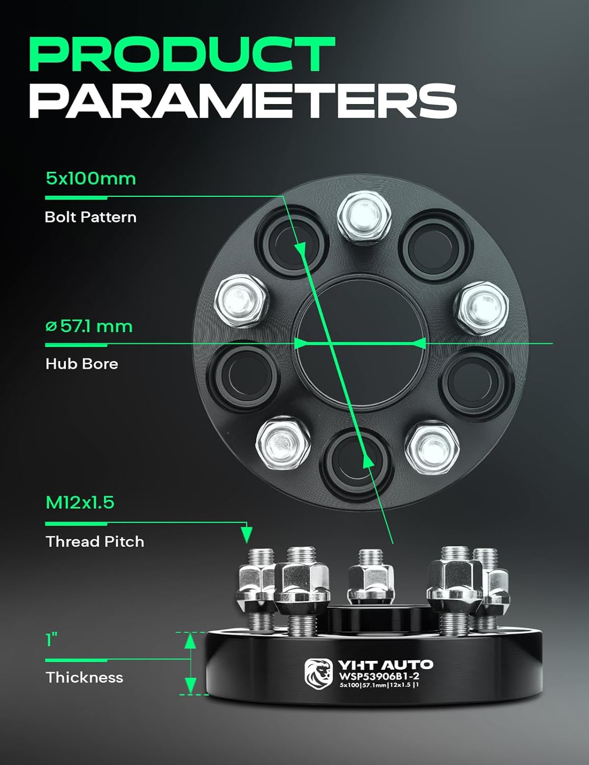 YHTAUTO 5x100mm Hub Centric Wheel Spacers 1 Inch Fits Chrysler Sebring, Chevy, Dodge, Buick, Cadillac, Oldsmobile, Plymouth, Pontiac Tire Spacers w/ M12x1.5 57.1mm Hub Bore 5 Lug 2PCS Black