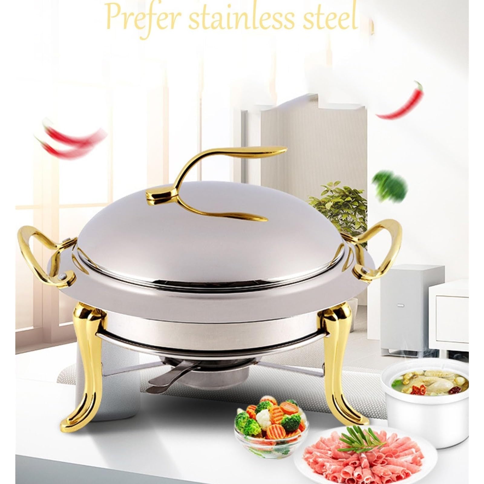 Set scaldacontenitori e scalda Buffet Cucina a Buffet | Scaldavivande rotondo in acciaio inossidabile con coperchio, set da buffet rotondo for scaldavivande(Silver,22cm)