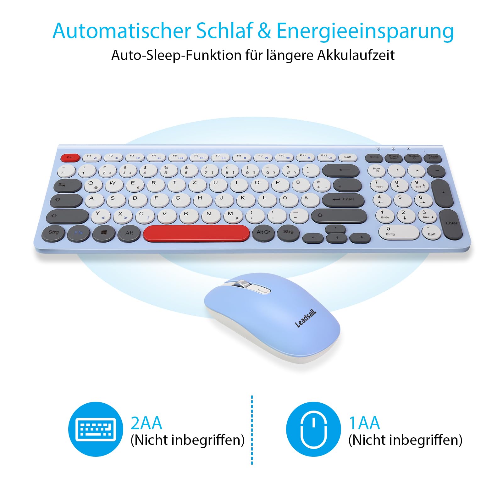 LeadsaiL, Juego de ratón de Teclado inalámbrico, ratón ergonómico y Teclado, Teclado y ratón inalámbricos para PC, diseño alemán QWERTZ, Teclas silenciosas de Teclado y ratón, PC MacOS, Ordenador