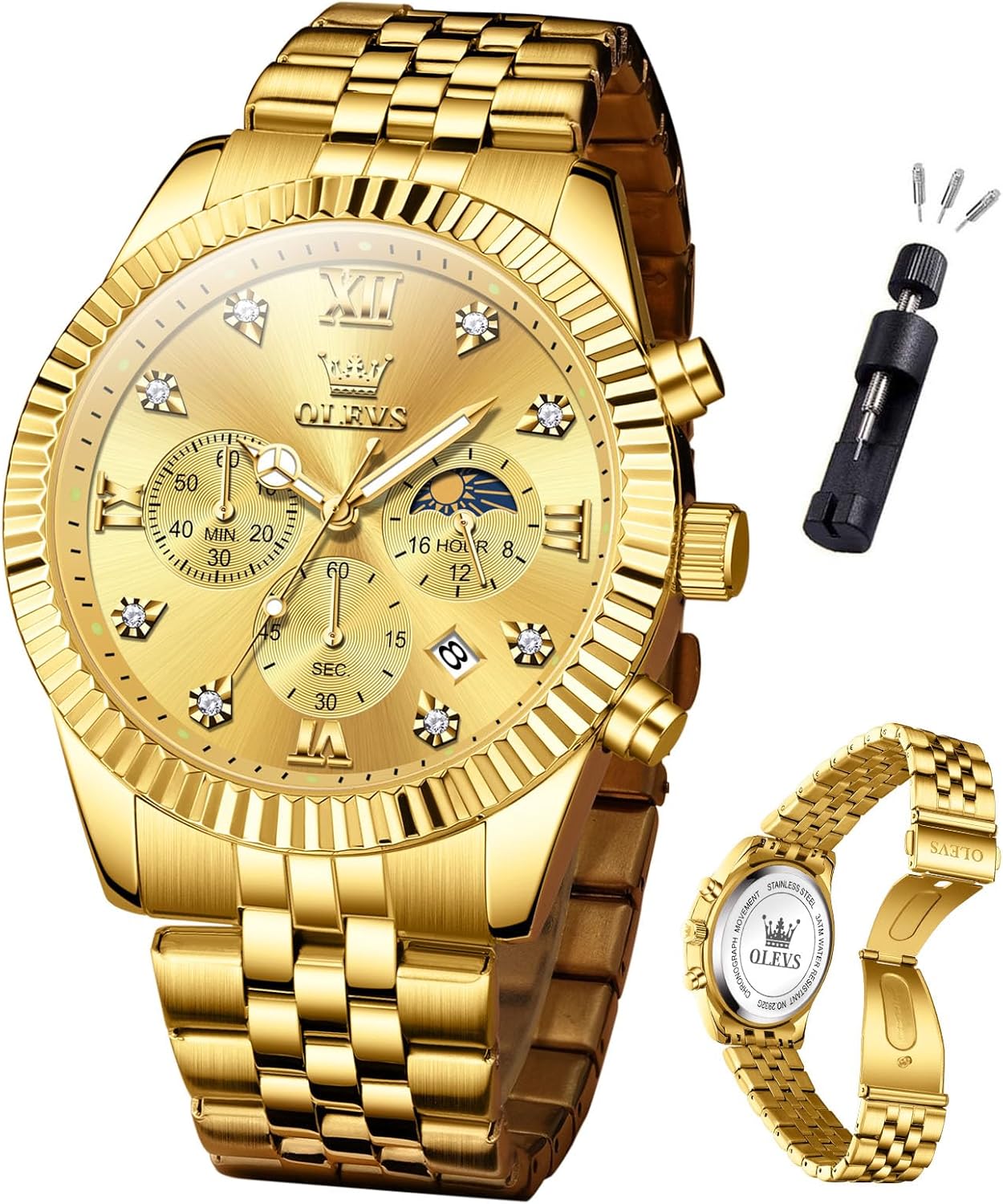 OLEVS Watch Men Luxury Fashion Watches for Men Classic Large Face Stainless Steel Waterproof Mens Watches Analog Quartz Fancy Dress Date Moon Phase Wrist Watch Relojes para Hombres