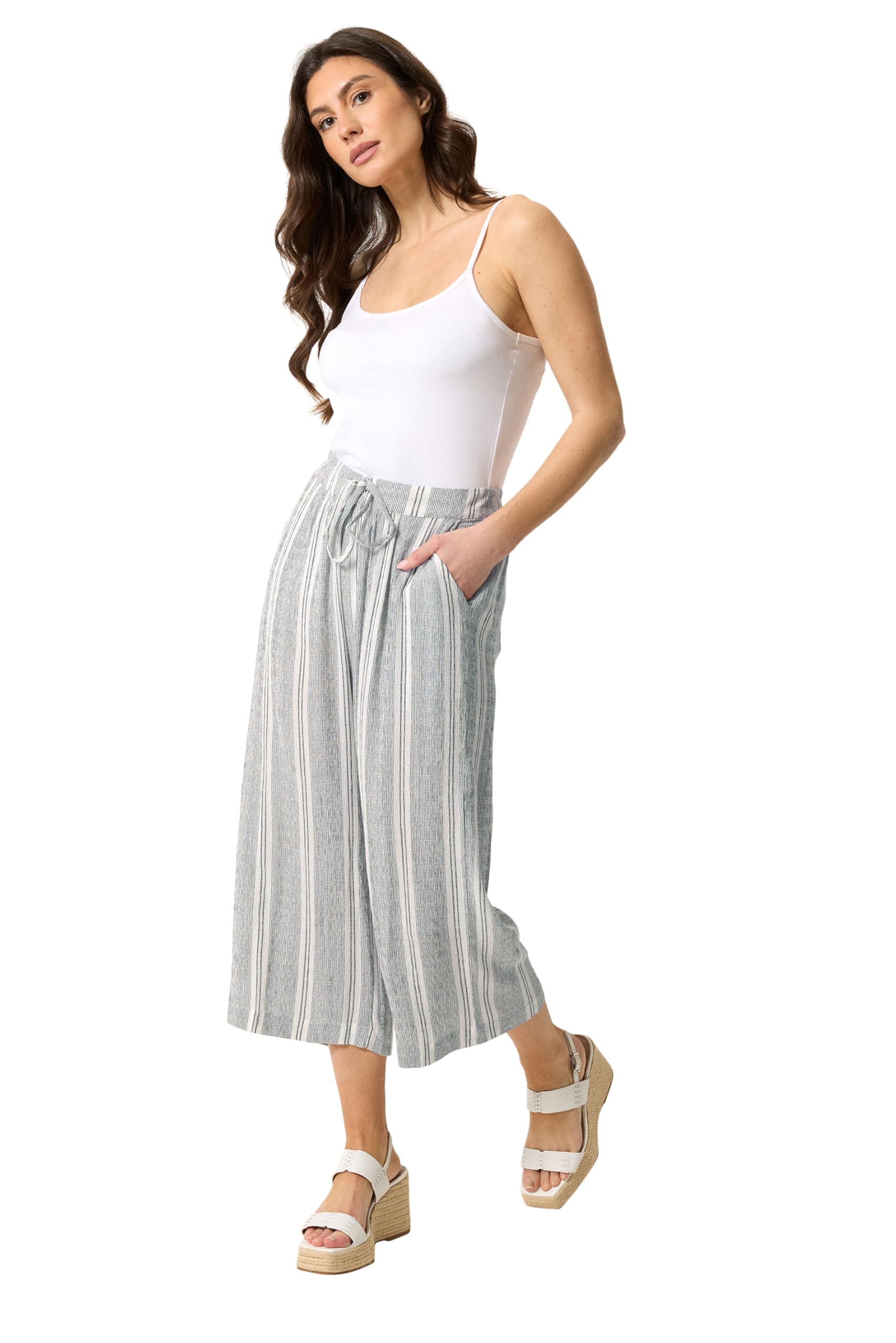 M&Co Women's Light Grey Stripe Cropped Wide Leg Trousers In Large