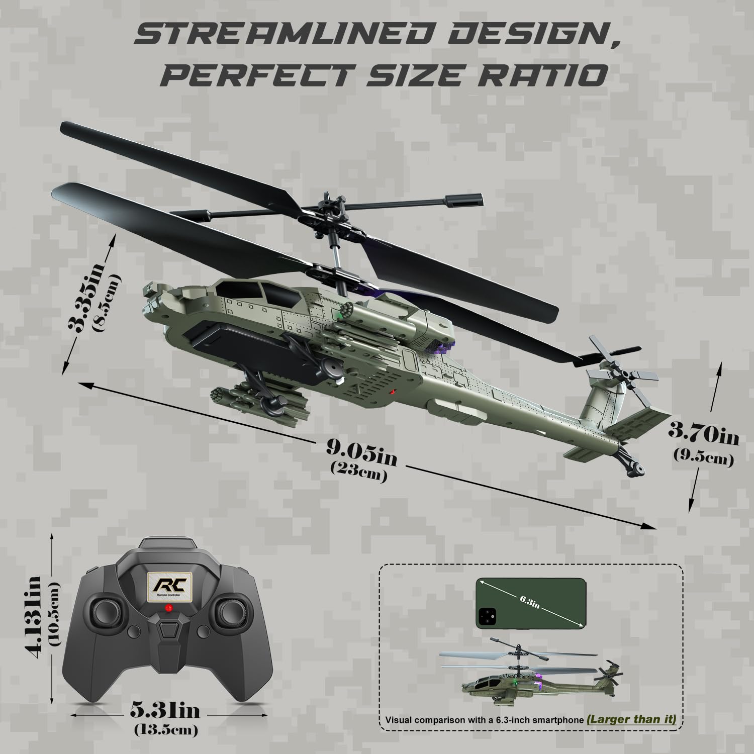 VATOS Hélicoptère Télécommandé 2.4G avec LED, Décollage à Une Touche, RC Militaire Jouet pour Garçons 14+