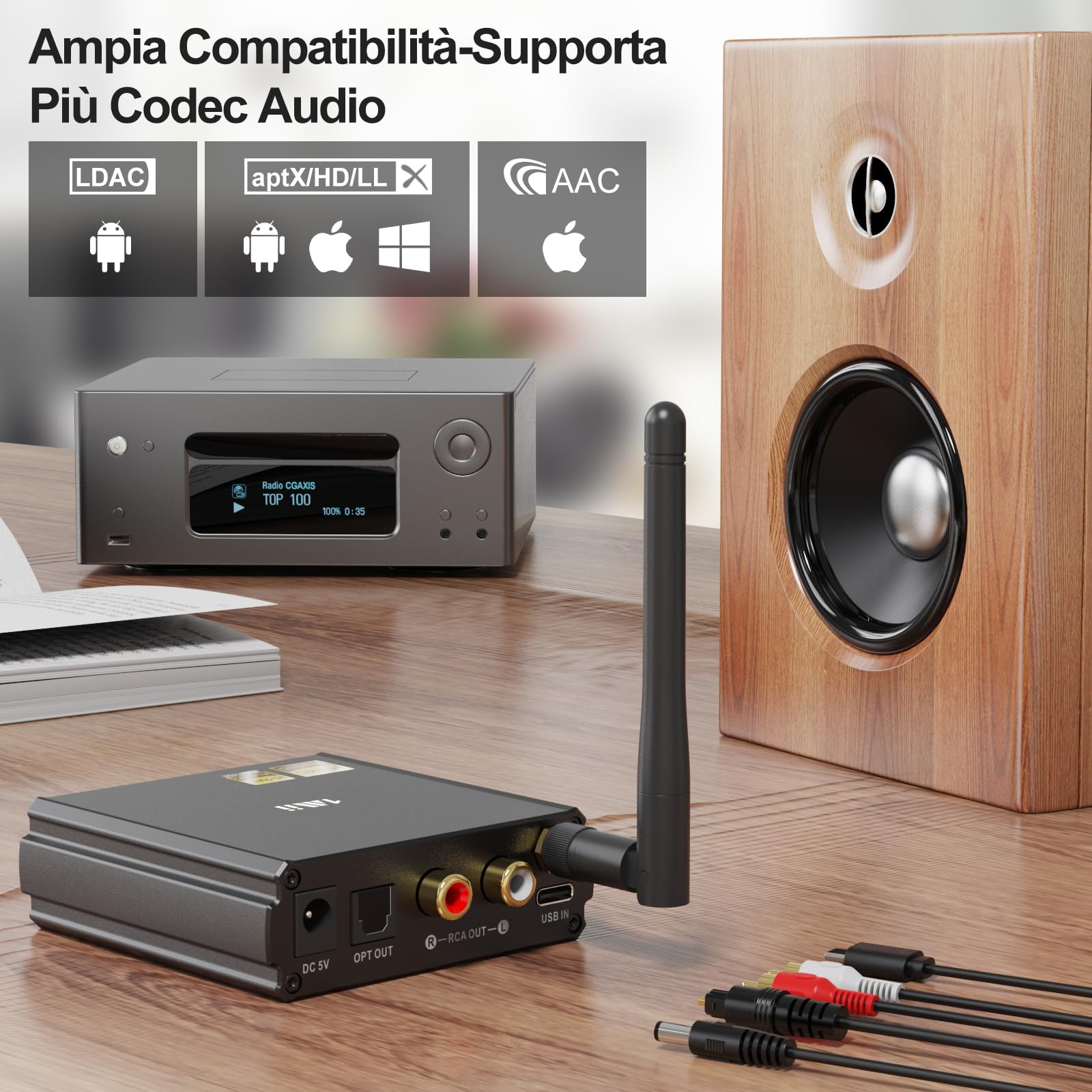 1Mii DS220 Ricevitore Bluetooth HiFi, Adattatore Bluetooth 5.3 Audio con DAC Audiofilo, Hi-Res LDAC/aptX HD/Bassa Latenza, con Uscita Ottica/RCA, Display OLED Modalità EQ per Stereo