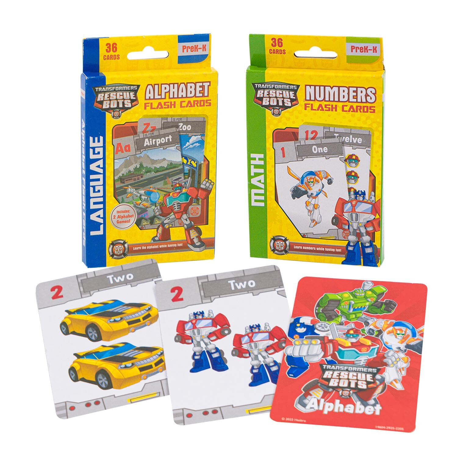 Set 2 Pezzi Flash Cards Transformer Rescue Bots - Numeri E Alfabeto (36 Carte) Per Bambini PreK-K