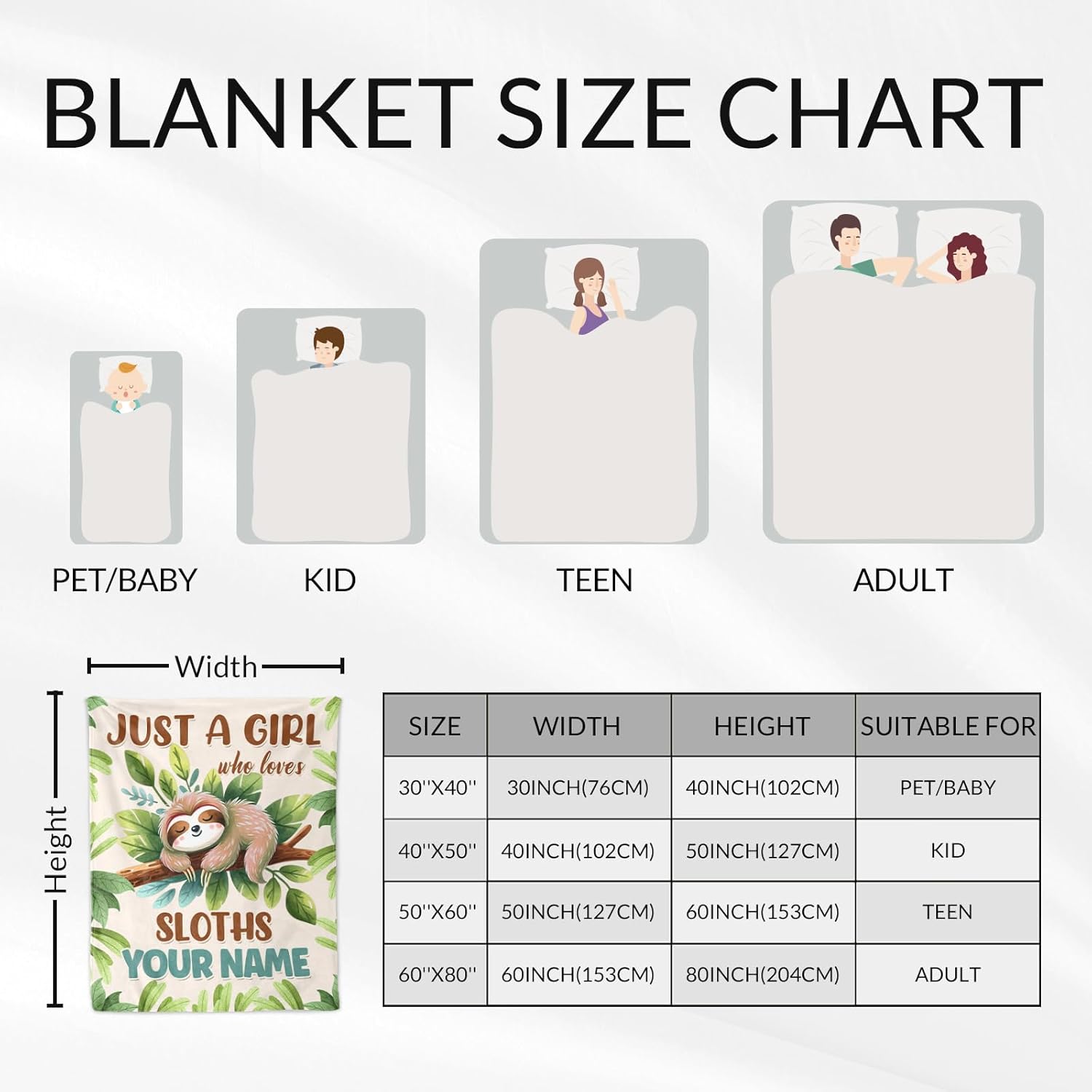 Custom Sloth Gifts for Girls Women - 50" x 60" Inches Funny Sloth Throw Blankets for Adults - Beige Soft Cozy Throws for Couch, Bed & Travel