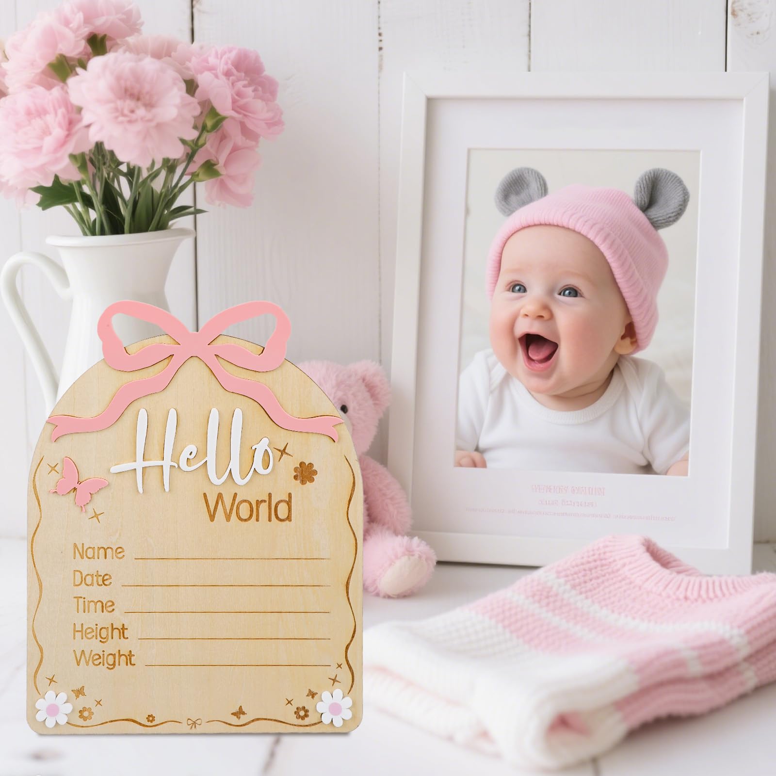 Gosknor Panneau De Naissance “Hello World” – Bois/acrylique 16,5x20 Cm – Nœud Rose – Avec Tampon Encreur Et Marqueur – Pour Bébé Fille
