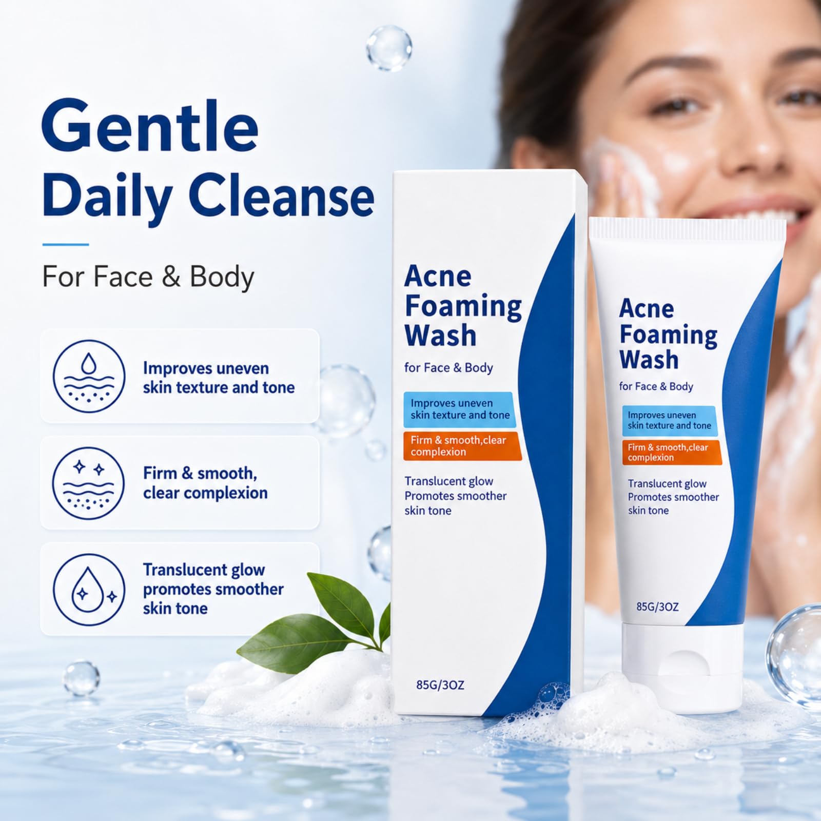 Schiuma detergente anti-acne viso corpo levigante pori 85g | Adatto per viso, petto e schiena, sboccia pori, schiuma morbida liscia e unifica la carnagione
