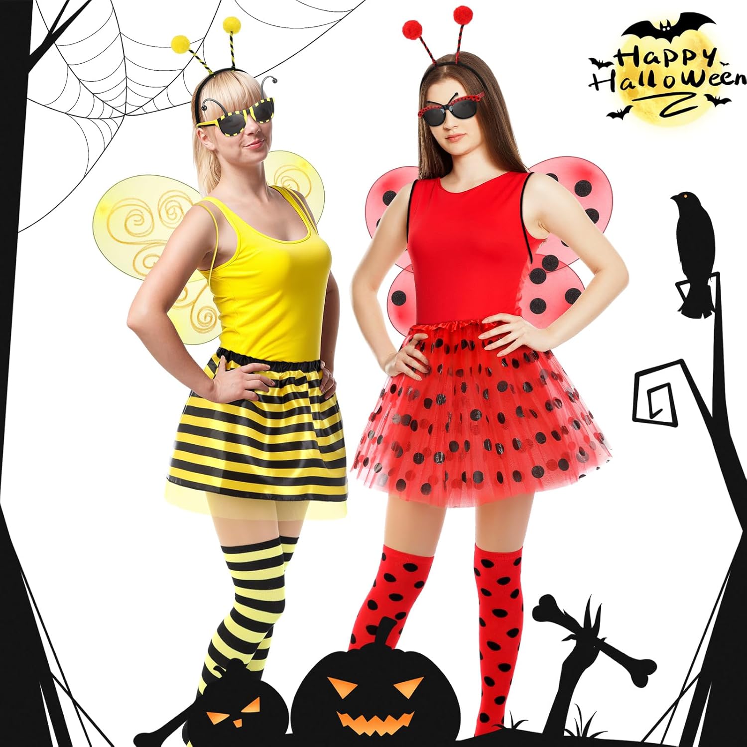 10 Pcs Halloween Bee and Ladybug Costume Set for Adults Include Tutu Skirt Wings Headband Glasses Knee High Socks for Women Bug Insect Party Halloween Cosplay Ladybug Bee Accessories - Image 6