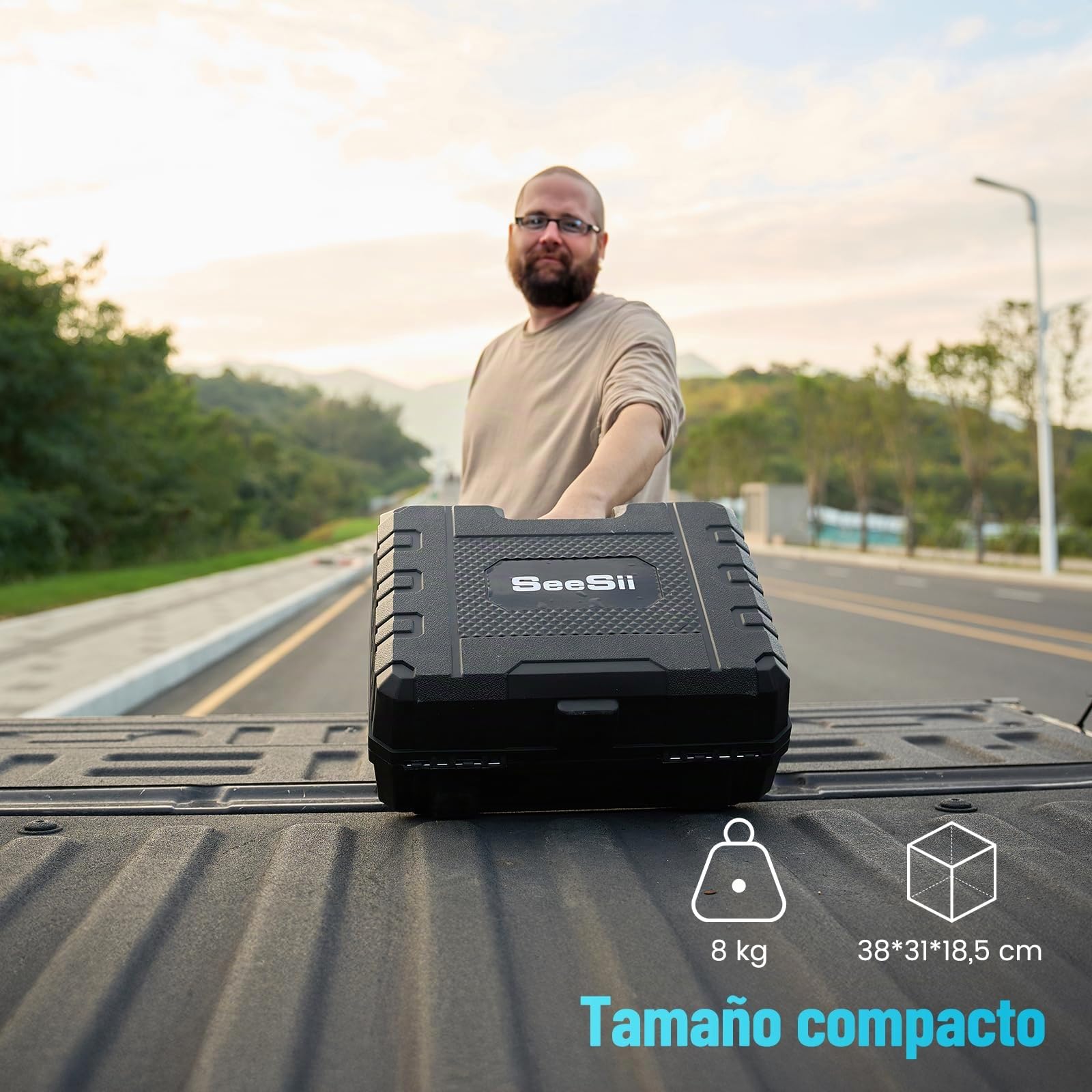 SEESII Kit de Gato Hidráulico Eléctrico para Coche 5 Toneladas (Alcance de Elevación 17.7 Pulgadas) - Gato 3en1 con Llave de Impacto e Inflador - Gato de Suelo para SUV/Camioneta/Camión/Sedán