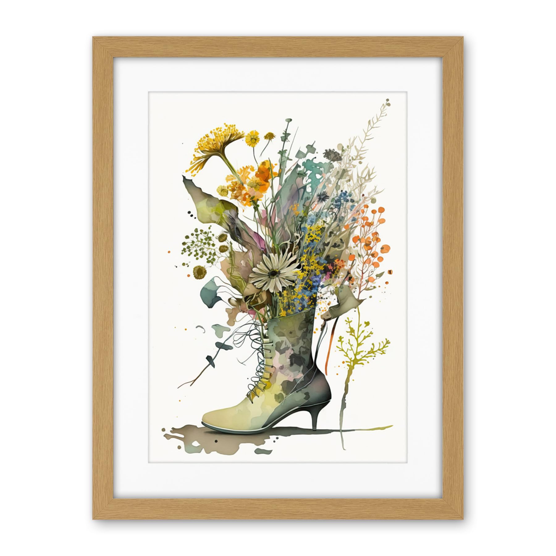 Artery8 Spring Wildflower Bouquet Stiletto Military Boot Artwork Framed Wall Art Print 18X24 Inch