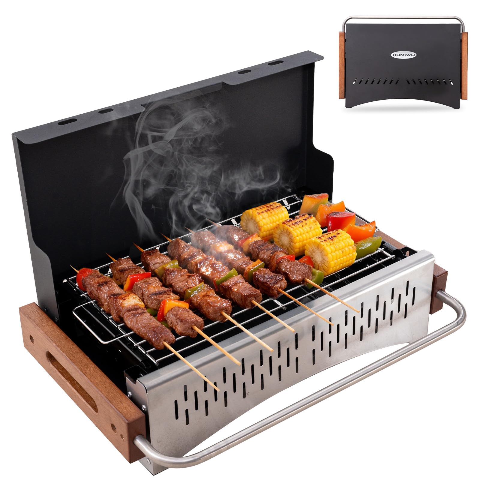 Barbecue charbon portable, grill pliable extérieur 38,15 x 20,95 cm, montage sans outils, grille réglable 2 niveaux, idéal balcon camping jardin