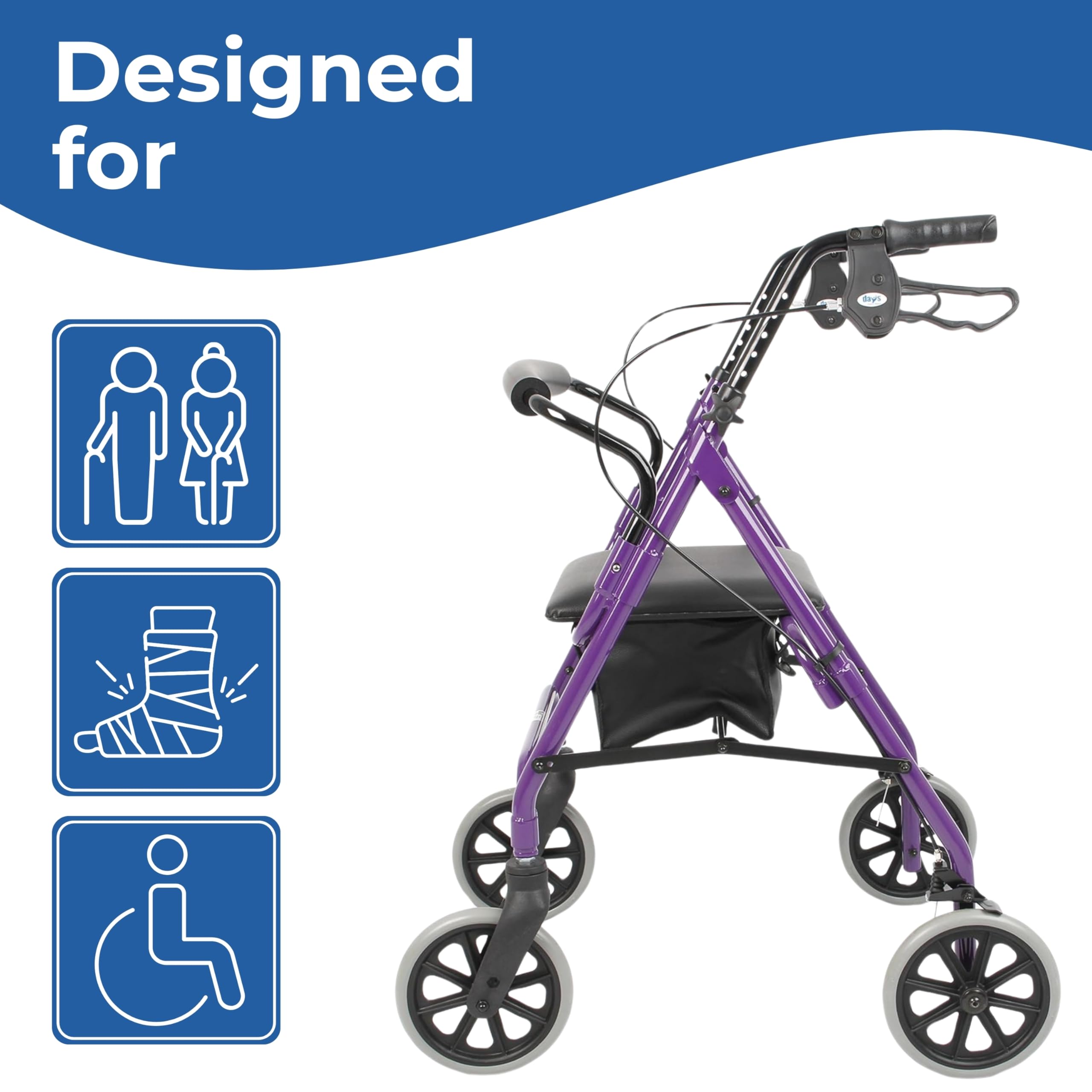 Days Andador de Cuatro Ruedas Ligero y Plegable con Asiento Acolchado, Mangos Ergonómicos, Bolsa de Transporte, Frenos de Bloqueo, Ayudas A la Movilidad, Pequeño, Azul