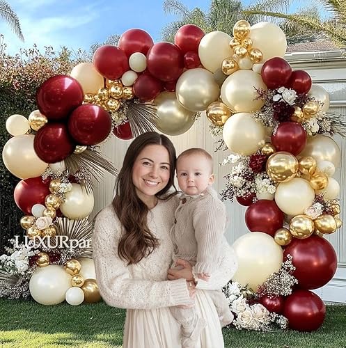 Miniatura 6 de Guirnalda de globos de látex de color burdeos, doble relleno, color rojo vino, arena, blanco, dorado metálico, kit de arco para Navidad, novia,