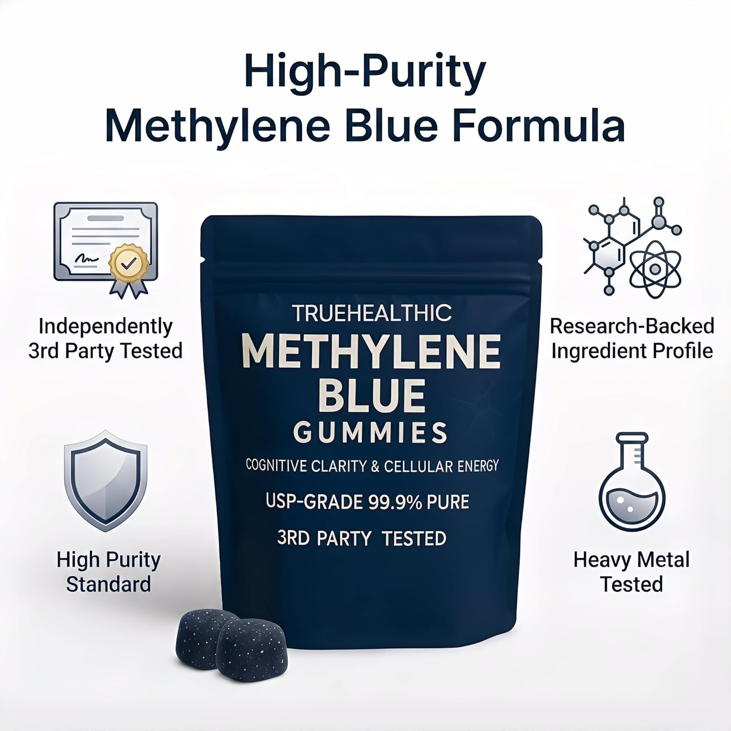Methylene Blue Gummies, Cognitive Support & Mental Focus, 99.9% Pure, Vegan Non GMO Formula, Clean Ingredient Profile, Easy Gummy Format, 30 Gummies (1)