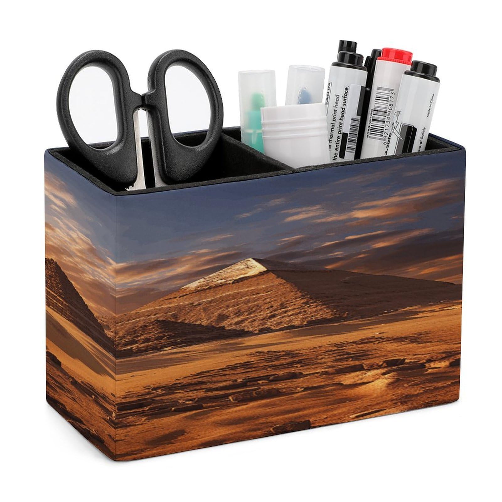 VstaDank Egyptian Pyramids Pen Holder Double Compartments Pen Cup Fashion Makeup Brush Holders Leather Pencil Holder for Work Locker Accessories Modern Pencil Cup for Desk Organizer