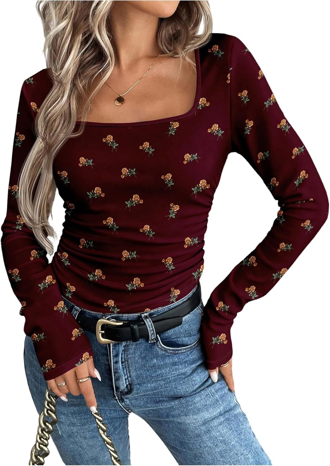 Women's Floral Tops Slim Fit Square Neck Long Sleeve T Shirts Elegant Fall Tops