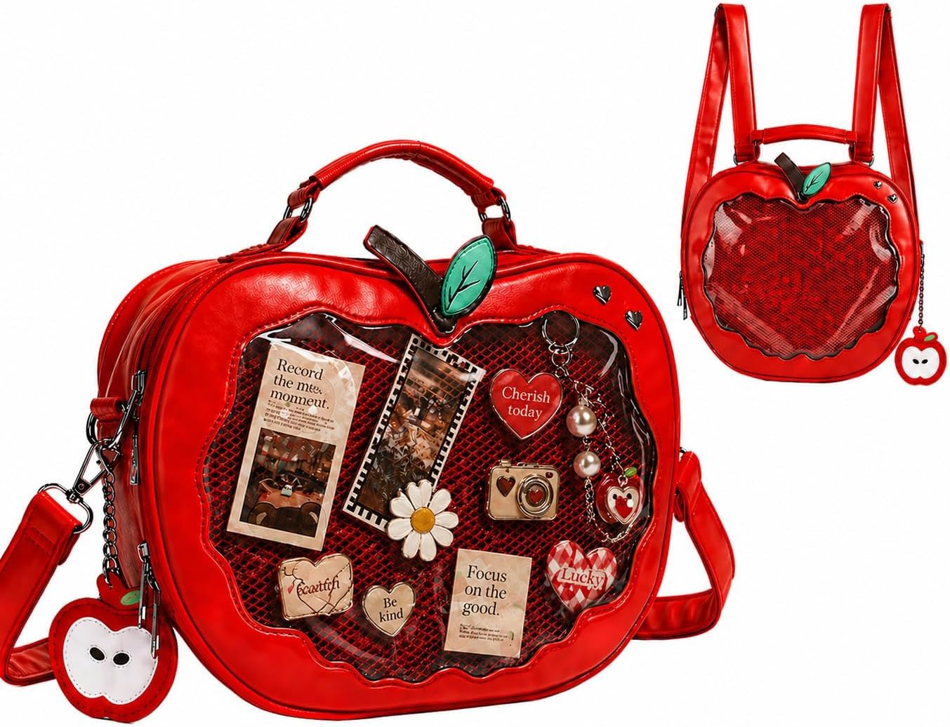 Round Ita Bag Red/Green Apple Purse Backpack Crossbody Pin Display,Cute Anime Cosplay/Convention/School Cutecore