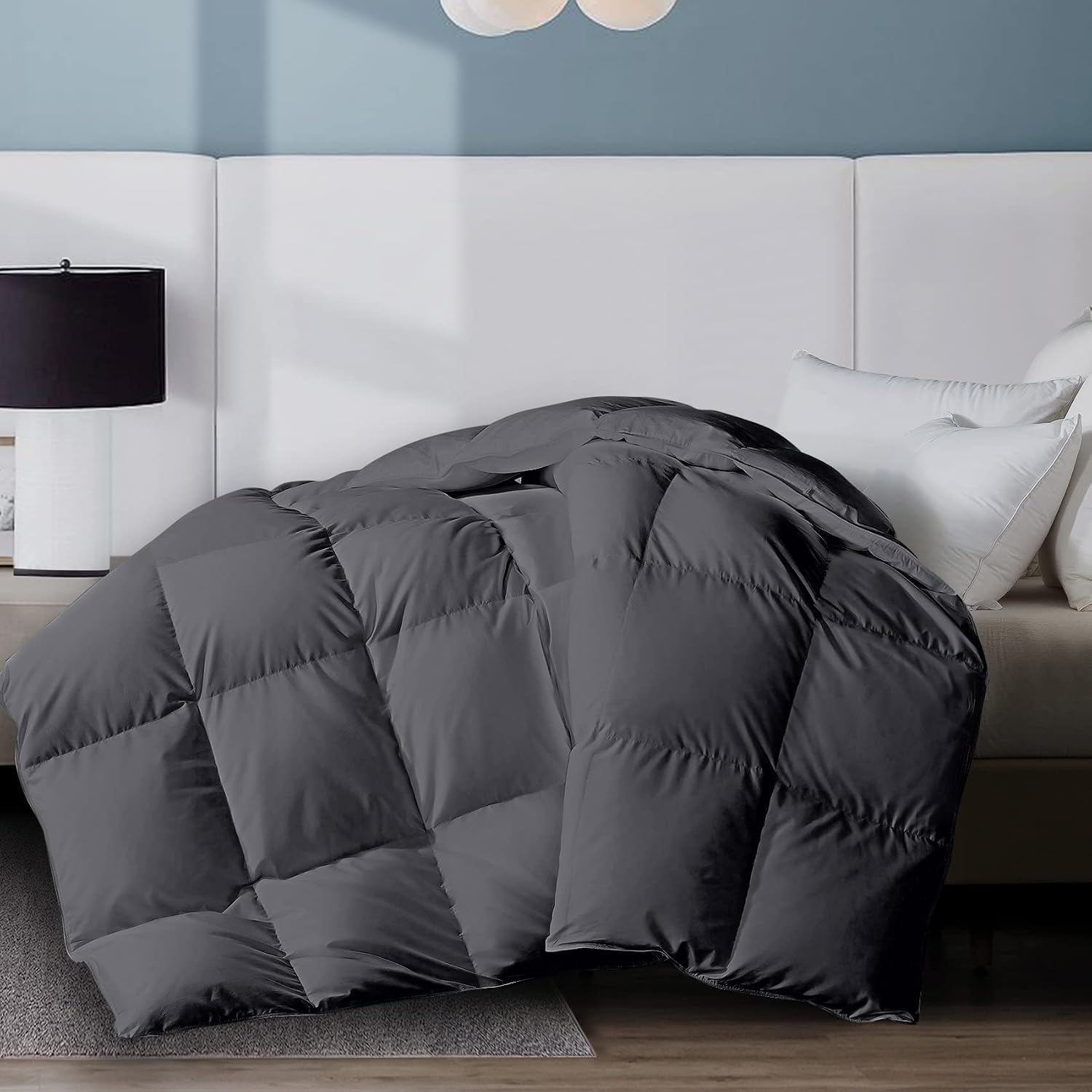 WhatsBedding Lightweight Feathers and Down Comforter Twin - Luxurious Hotel Collection Bed Comforter - Grey Thin Duvet Insert with Corner Tabs -Twin Size 64x88 Inch