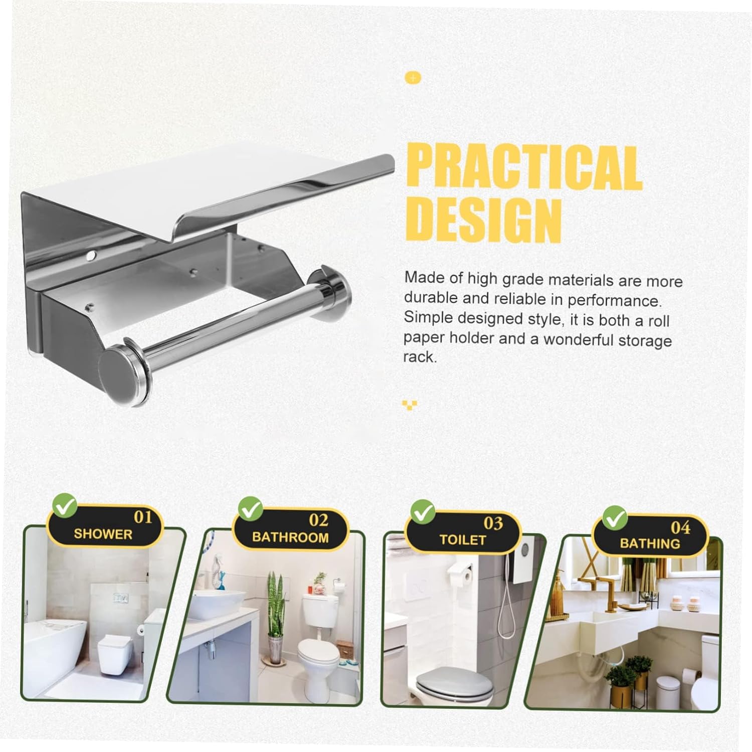 Stainless Steel Wall - Mounted Toilet Paper Holder with Shelf - Modern Bathroom Tissue Storage