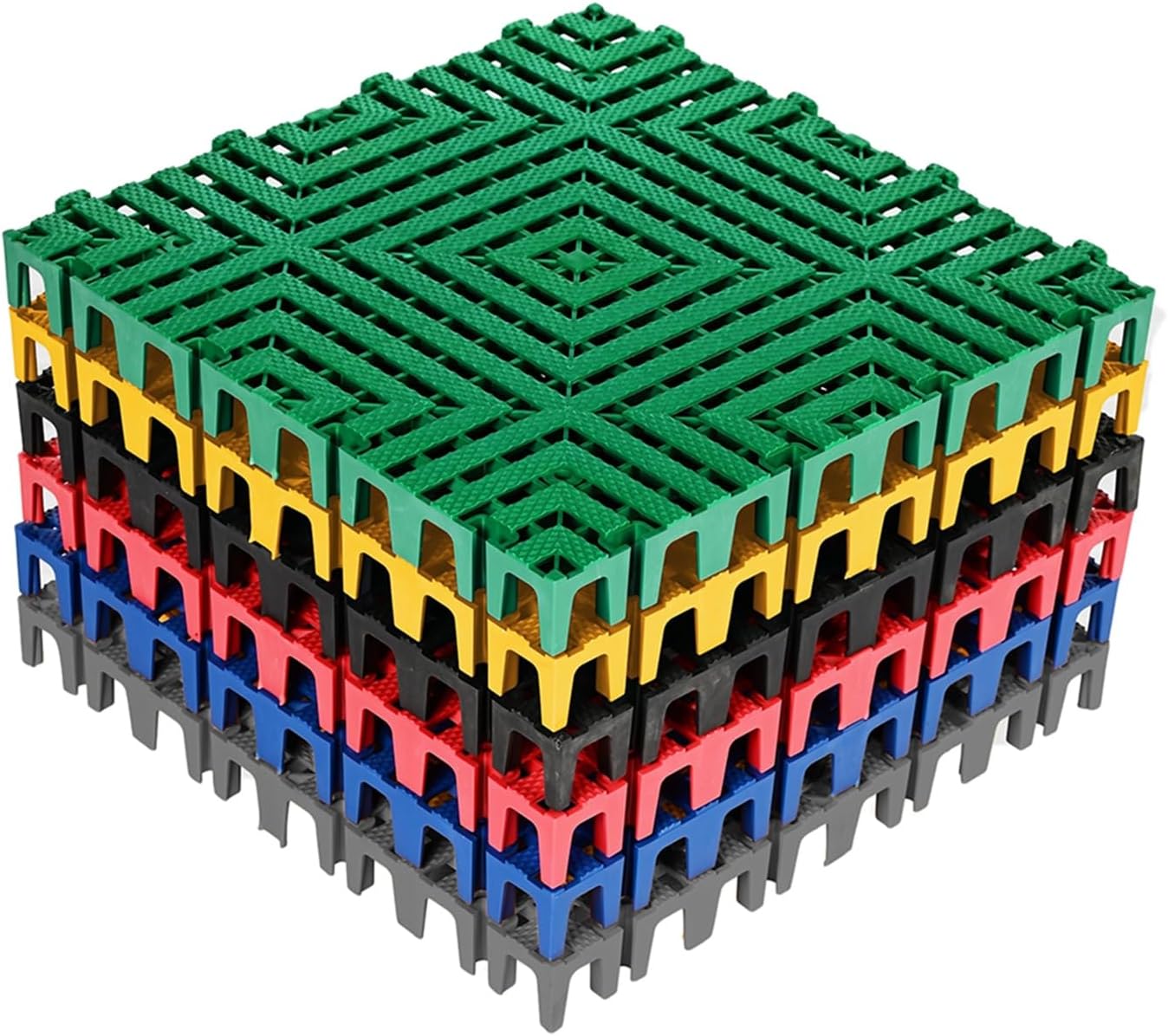 All-Weather 4 Pcs Heavy-Duty Interlocking Floor Tiles, Quick-Drain Modular Drainage Mats for Sports Fields, Garage & Bathroom - Easy to Clean, Black