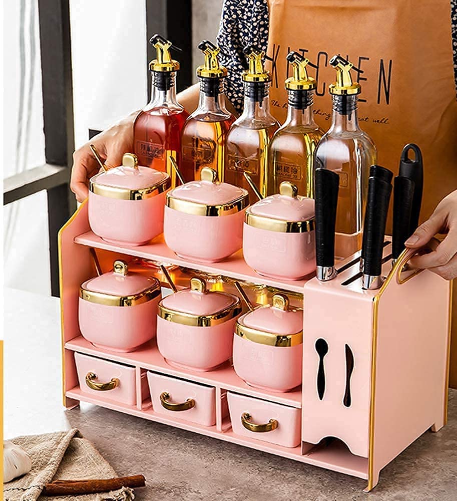 Dosificador de Aceite y Vinagre Botellas de aceite de vidrio 500 ml y tarros de condimentos Botella de condimento de cocina y soporte for cuchillos de cocina, bote de botella de vinagre de aceite Cond