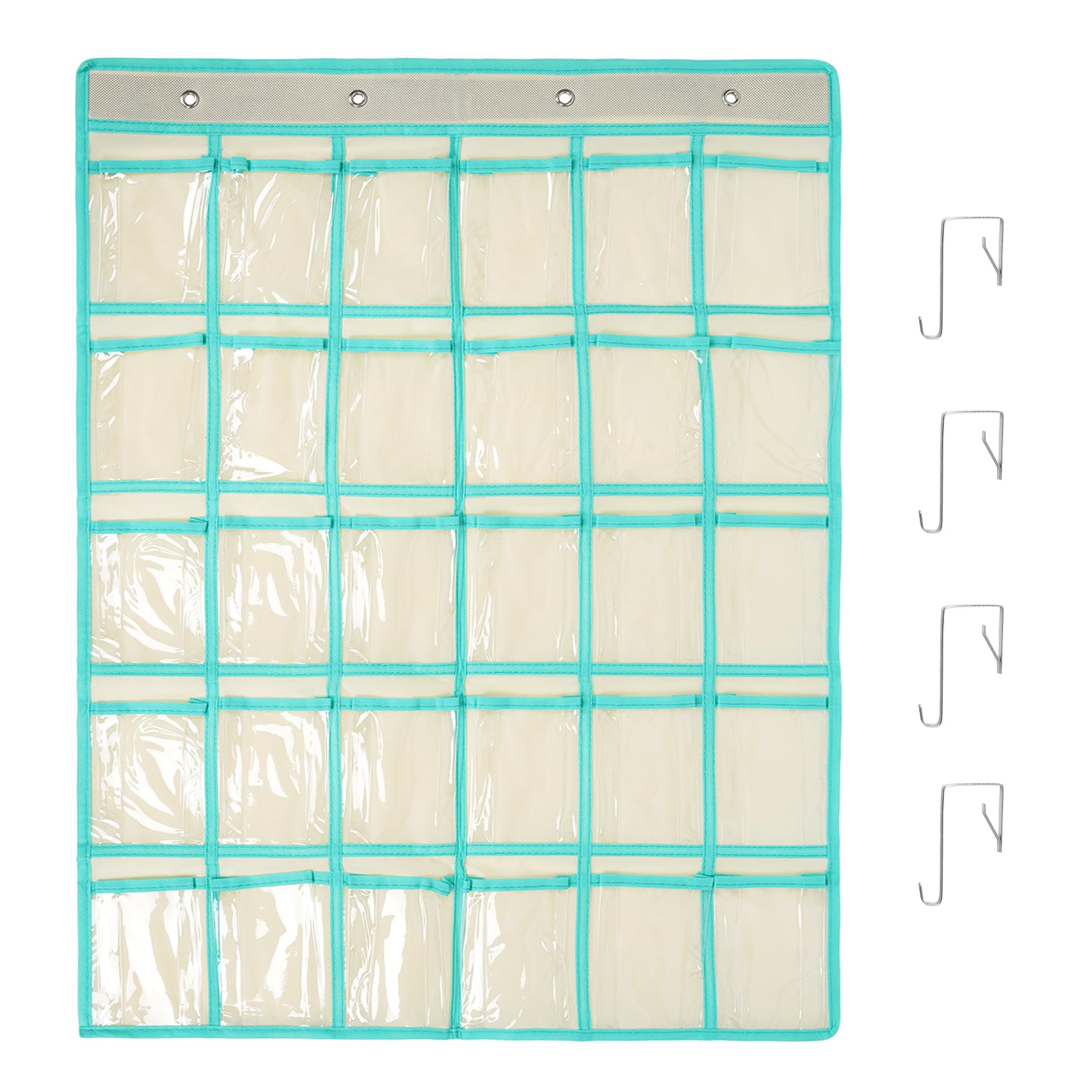 SAVORLIVING 30 Clear Pockets Classroom Pocket Chart Organizer, Phone Calculator Holder, Hanging Wall Door Caddy with Hooks (Beige)