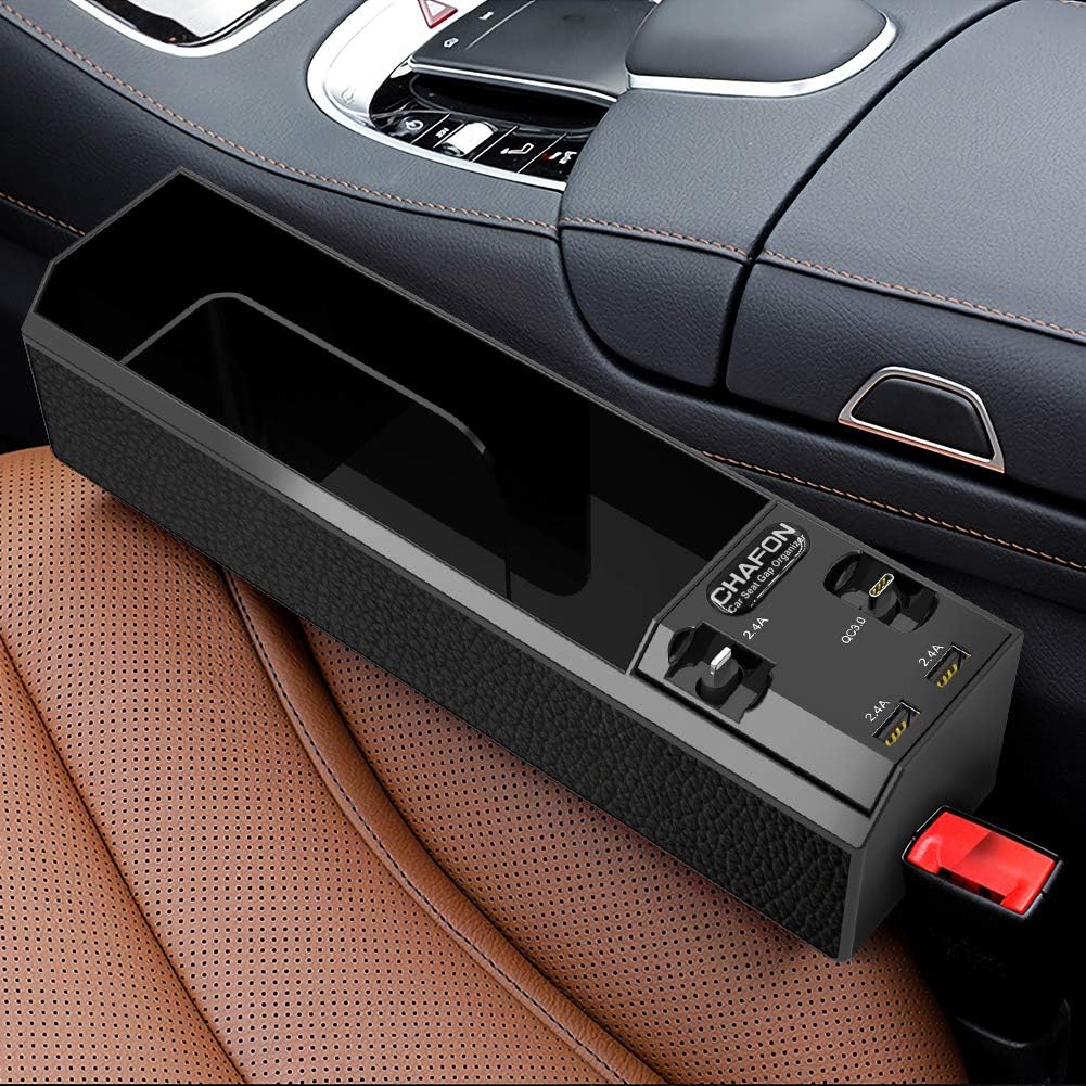 CHAFON Car Seat Gap Organizer,Multifunctional Car Console Pocket with Retractable QC 3.0 Type C and Phone Charger Cables,Extra Dual USB Connectors for Universal Charging-Black