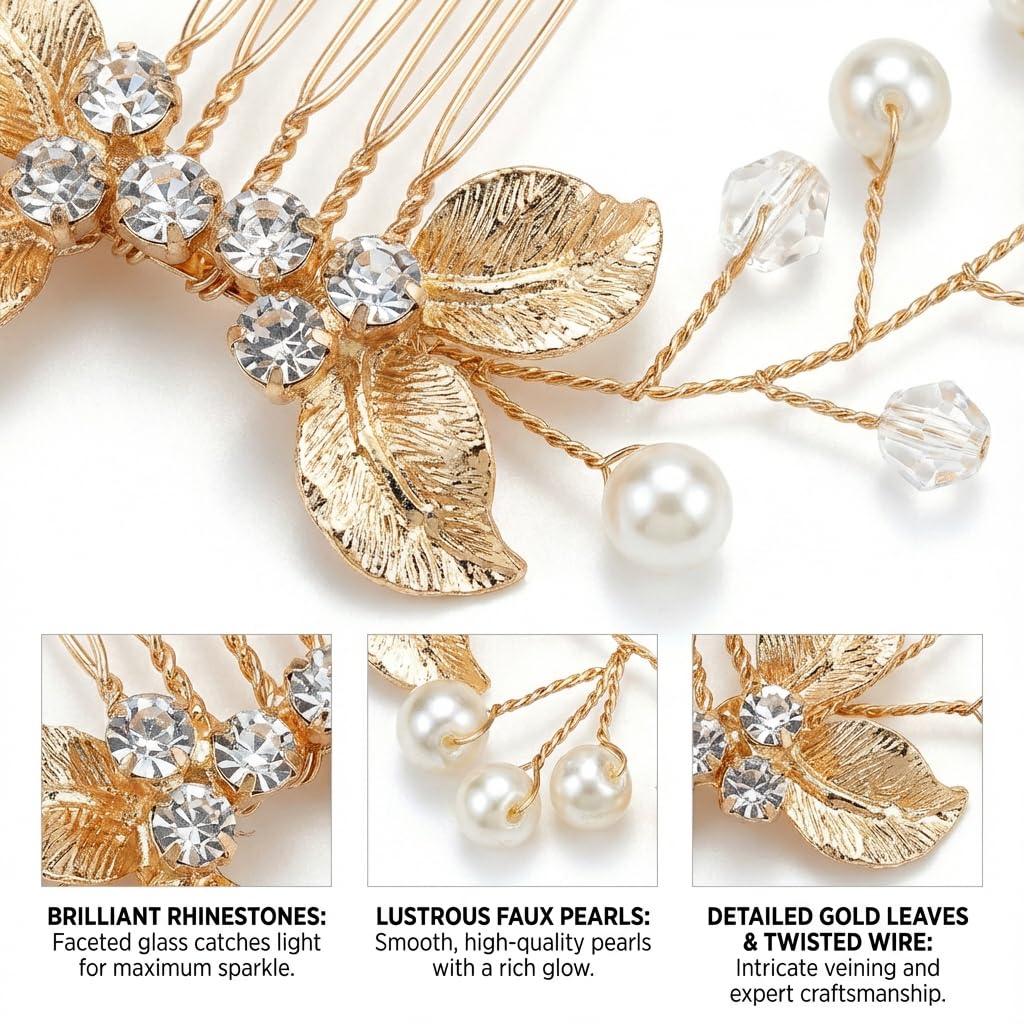 Peine para el pelo de boda con diamantes de imitación y perlas para novia, peines laterales dorados, accesorios para el cabello de novia para mujeres y niñas