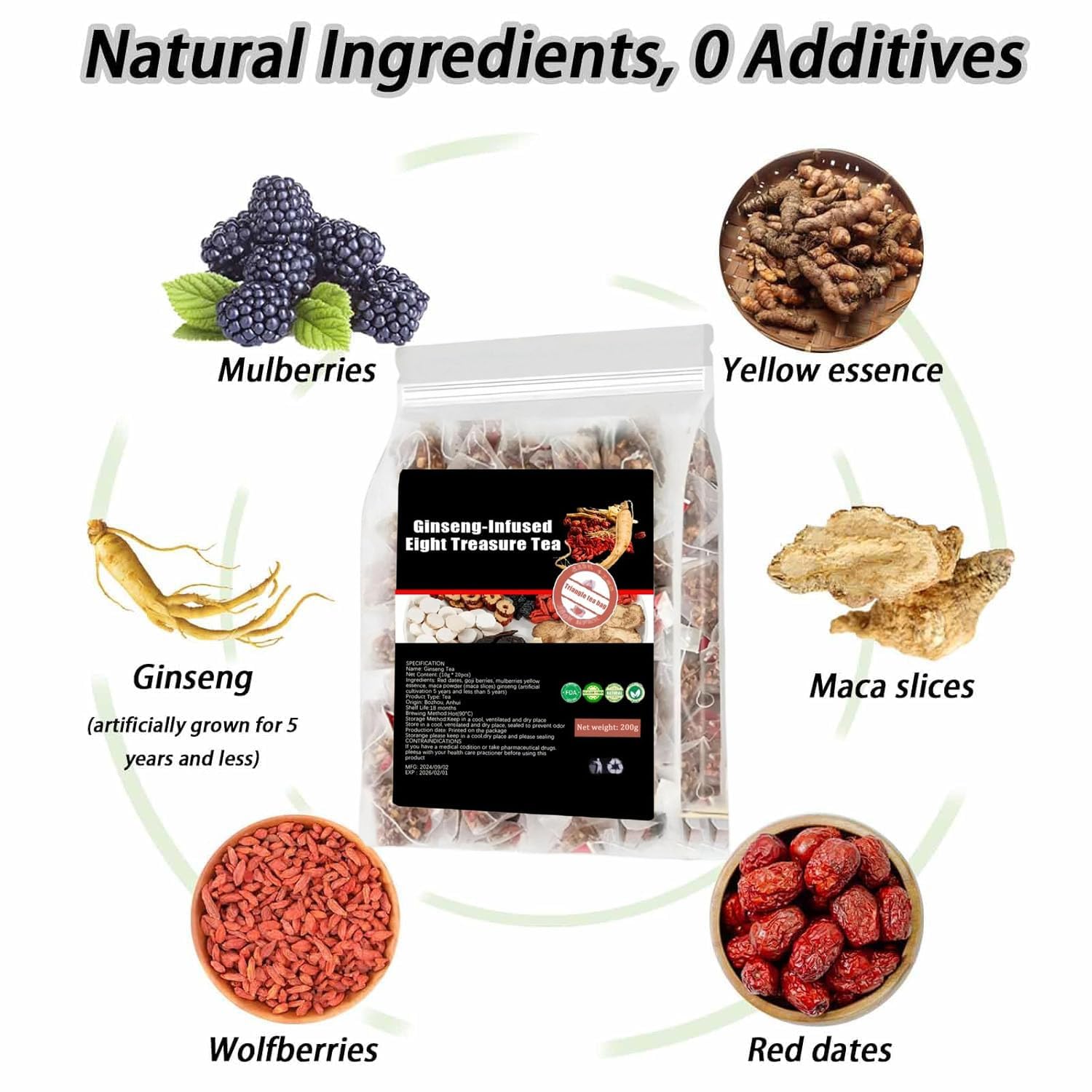 Ginseng-infused Eight Treasure Tea, Kidney Tea formula Ginseng Five Treasure Teas, 8 Precious Ingredients, RedDate Wolfberry Mulberry Herbal Teabga for Men & Women (1PCS)