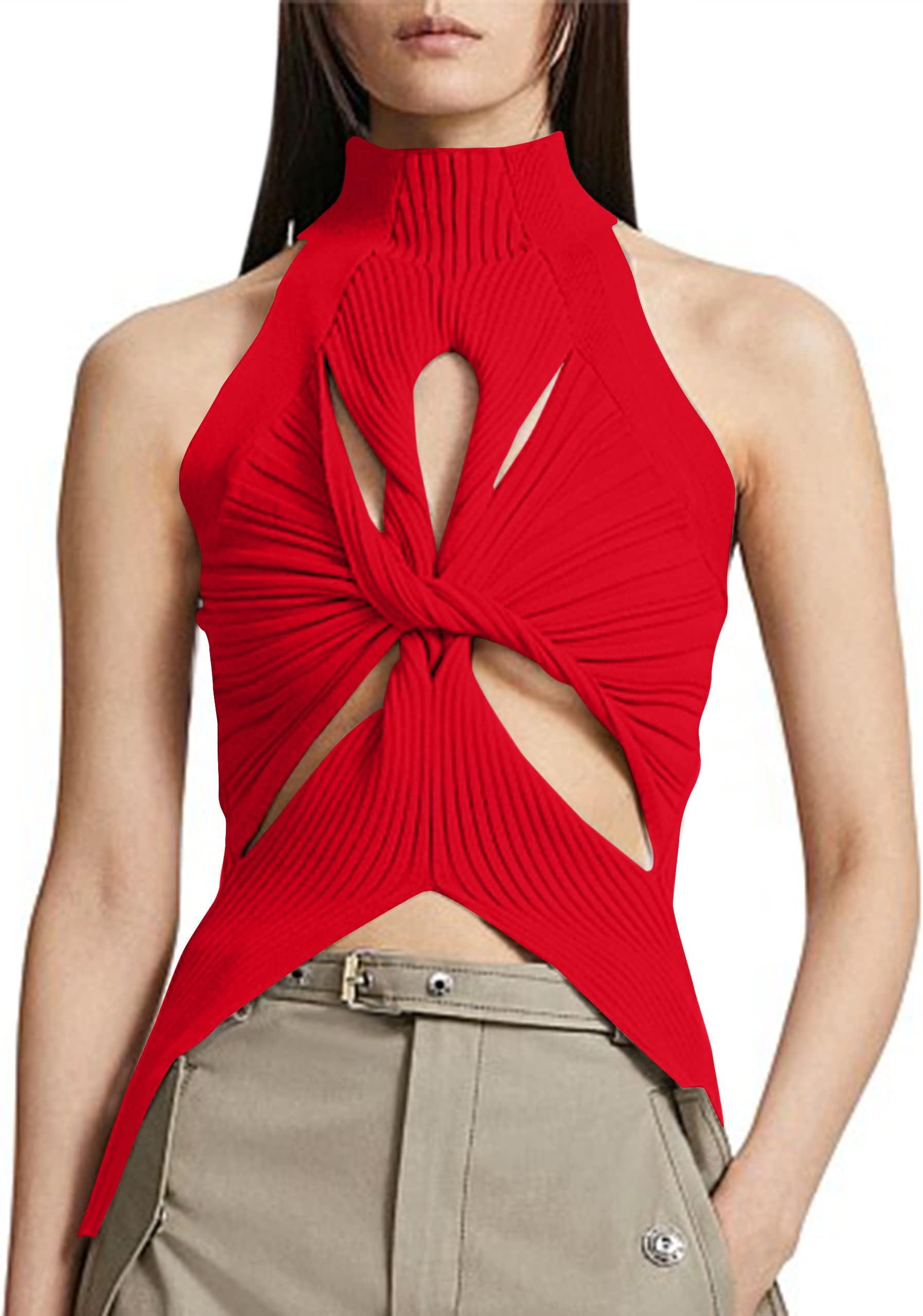 SAFRISIORSAFRISIOR Women Sexy Hollow Out Twist Front Knitted Tank Tops Sleeveless High Neck Cut Out Sweater Vest