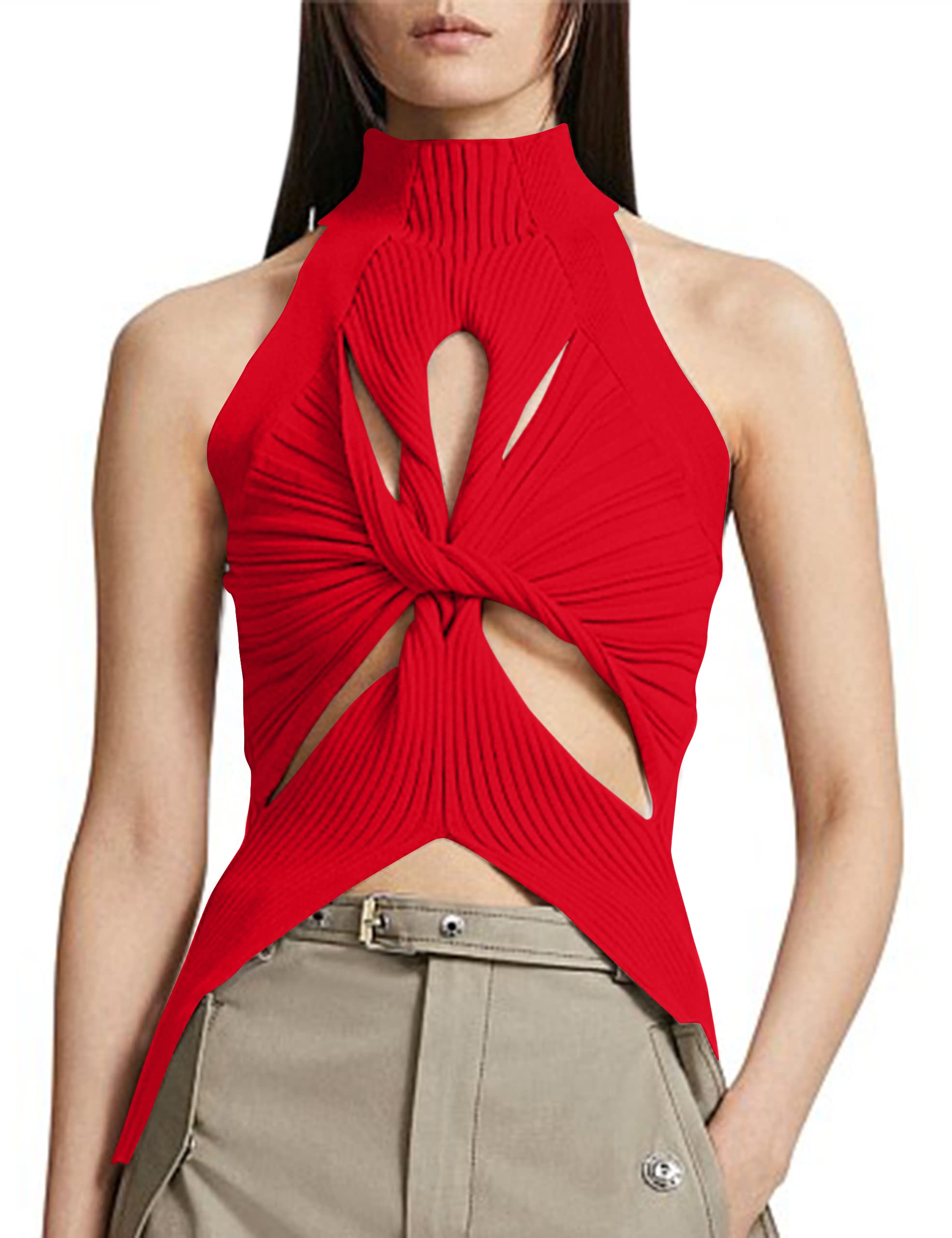 SAFRISIORSAFRISIOR Women Sexy Hollow Out Twist Front Knitted Tank Tops Sleeveless High Neck Cut Out Sweater Vest