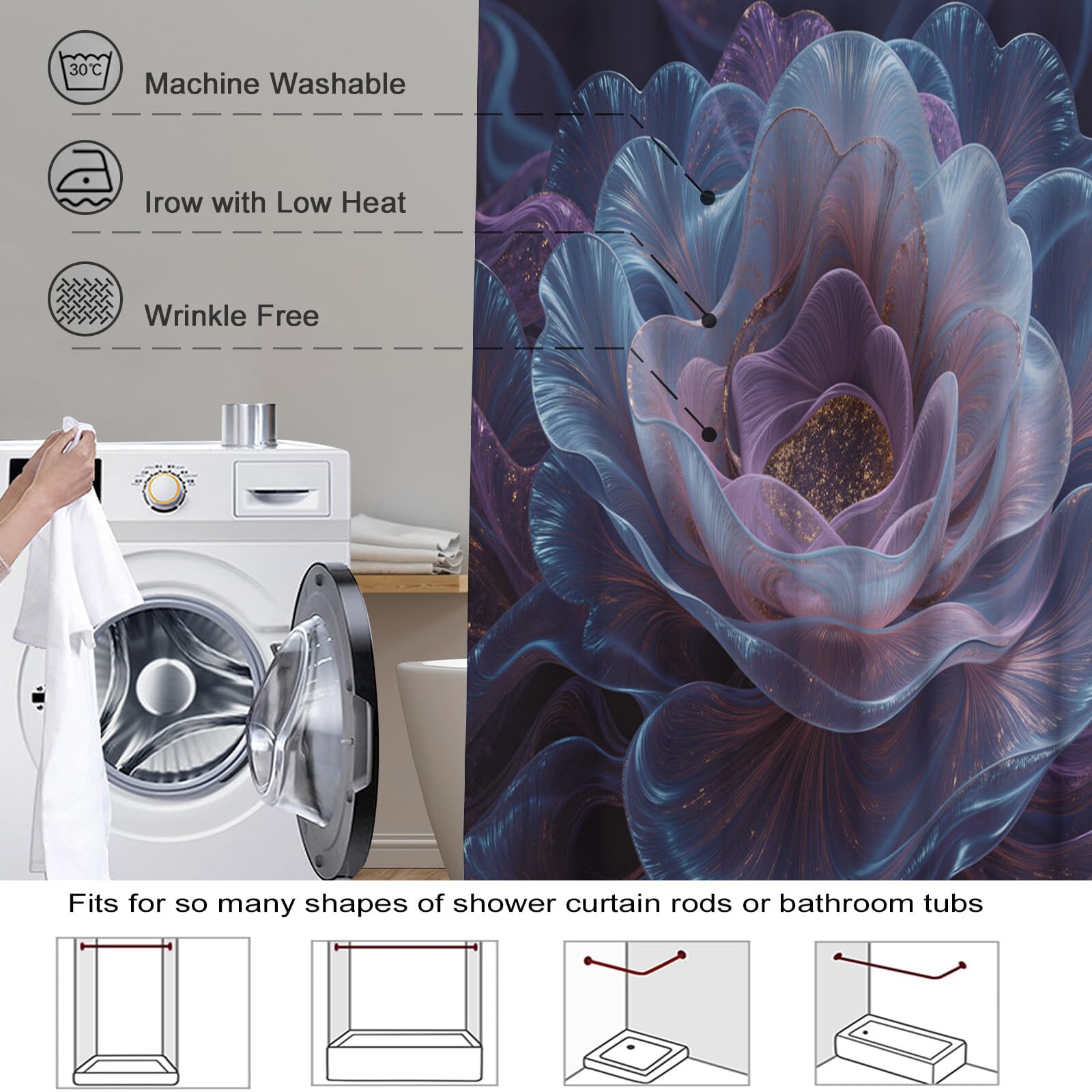 Rideau Douche,Rideau Baignoire Lavable en Machine Rideaux Douche Tissus Lavable Rideau De Baignoire Lavable pour Salle De Bain Domicile Baignoire Famille,Fleurs Épanouies,